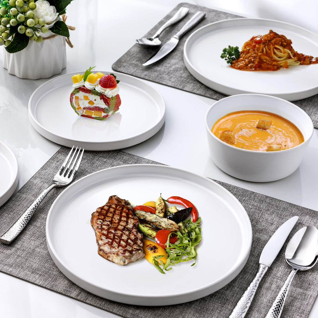 Ceramic Dinnerware Sets for 4, Modern Flat Stoneware Plates and Bowls Sets,Chip and Crack Resistant | Dishwasher & Microwave Safe Dishes Set, Scratch Resistant- Service for 4 (12pc)