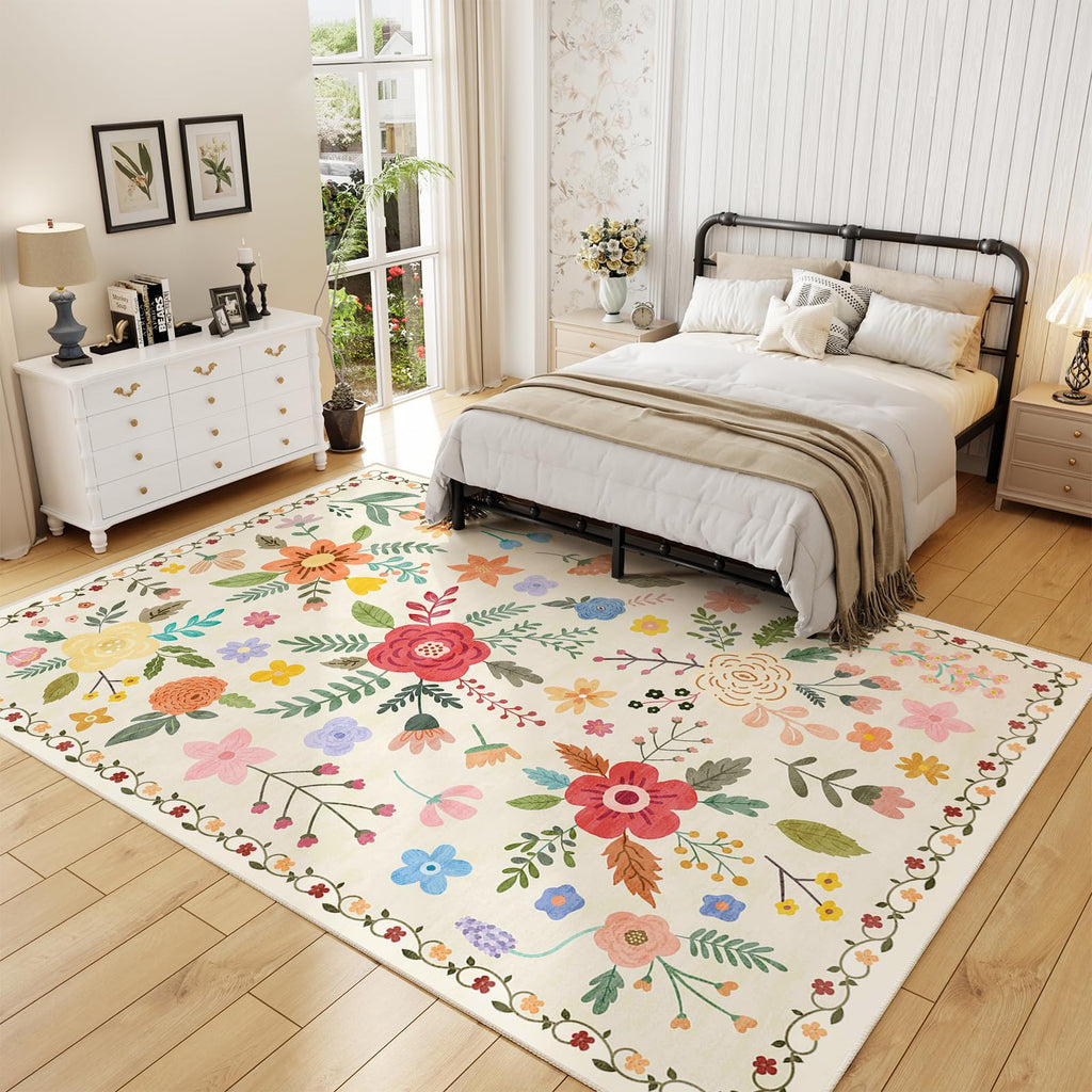 Washable Floral Rugs with Non Slip Backing, Stain Resistant, Floral Soft Low-Pile