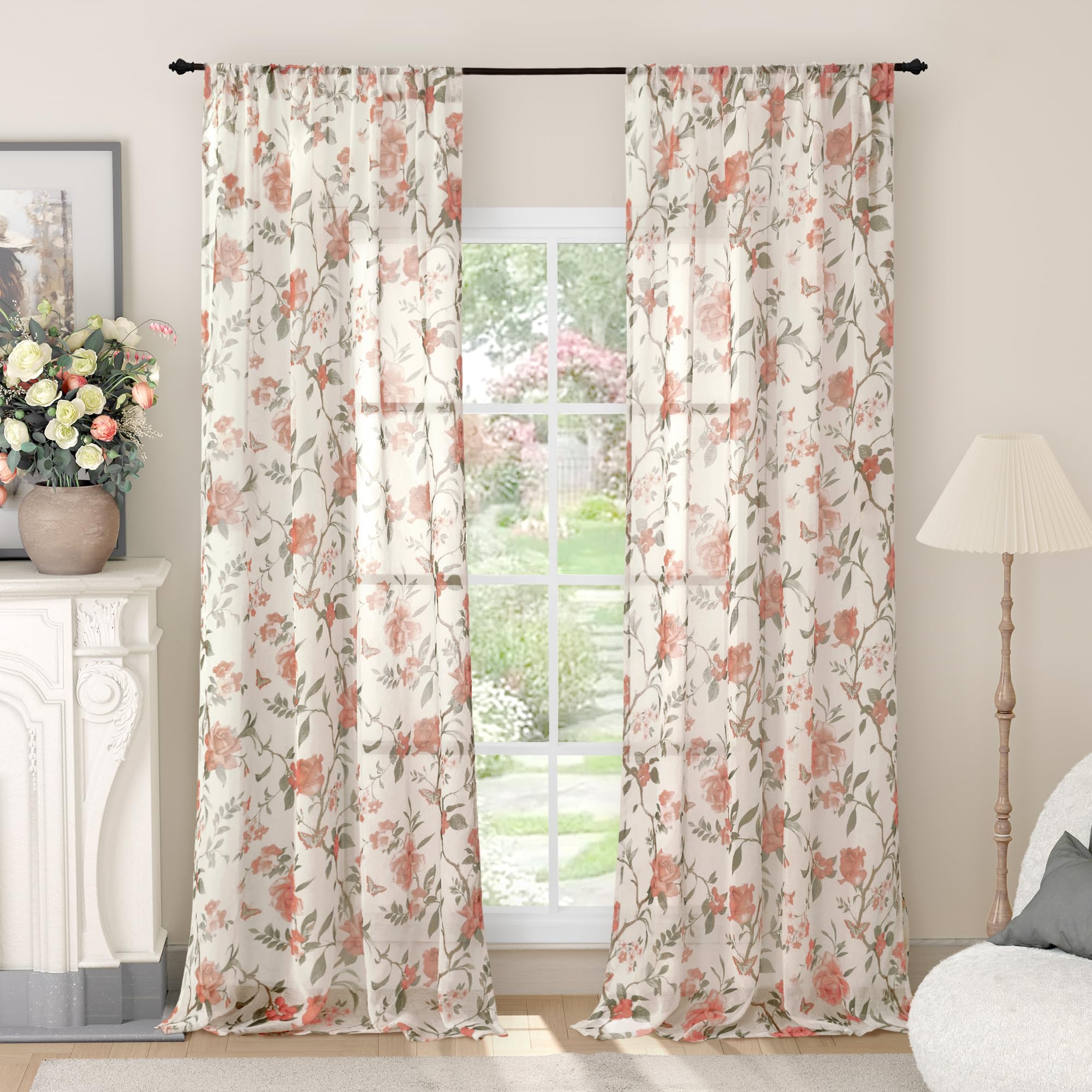 Floral Sheer Curtains, Vintage Light Filtering Semi-Sheer Linen Curtains