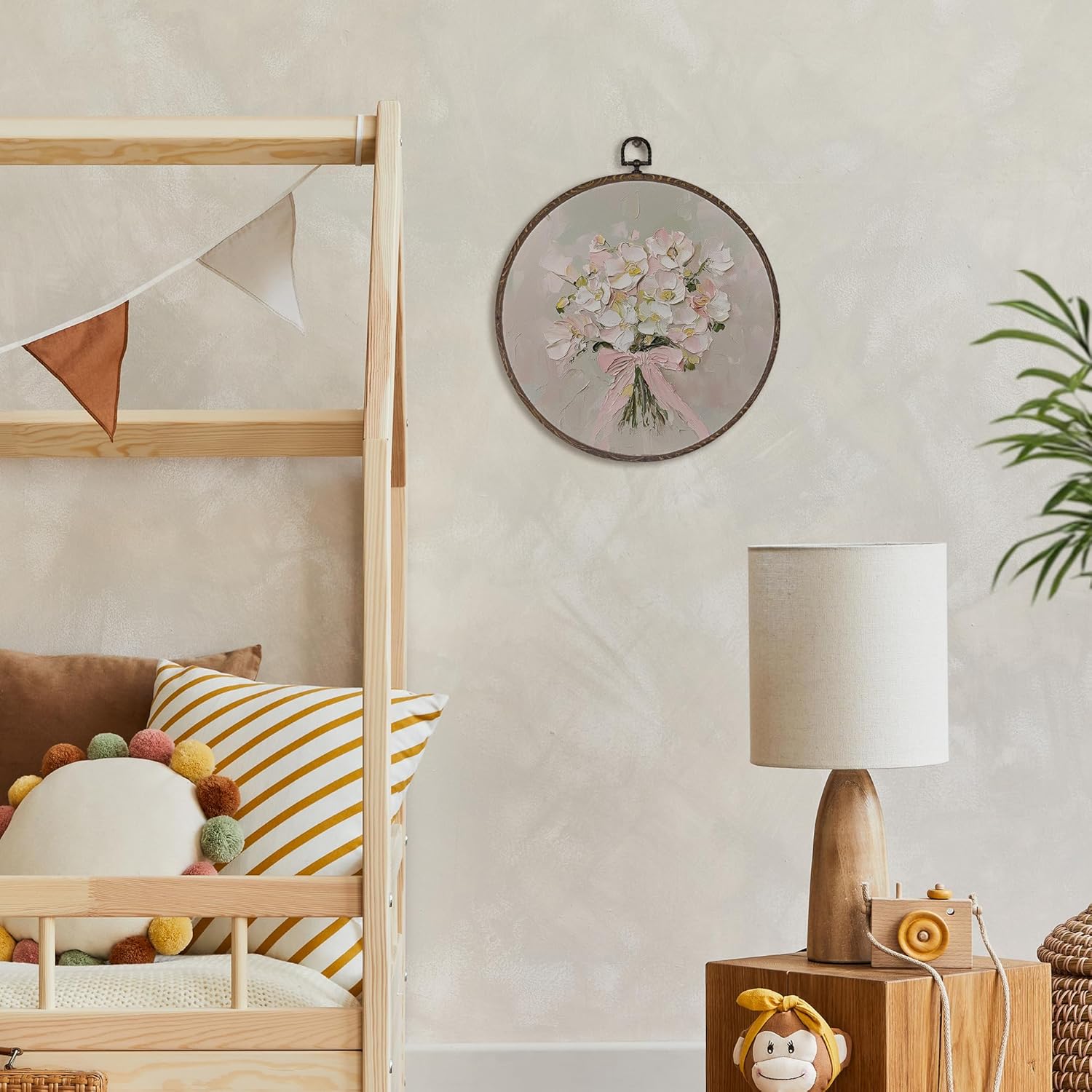 Vintage Coquette Floral Round Framed Wall Art Decor, Pink Coquette Bow Flower Girls Hanging Wall Art Pictures Paintings, 10x10 Inches