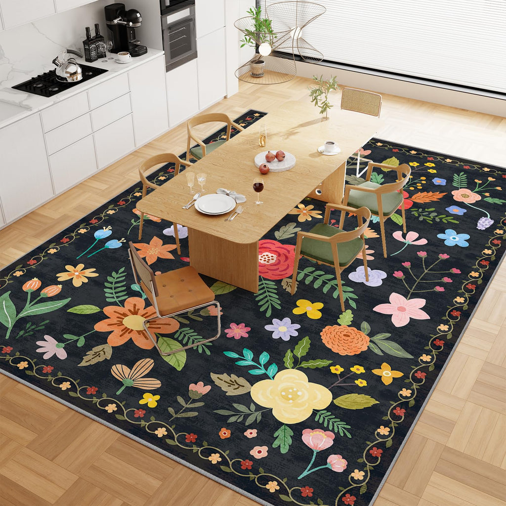 Washable Floral Rugs with Non Slip Backing, Stain Resistant, Floral Soft Low-Pile
