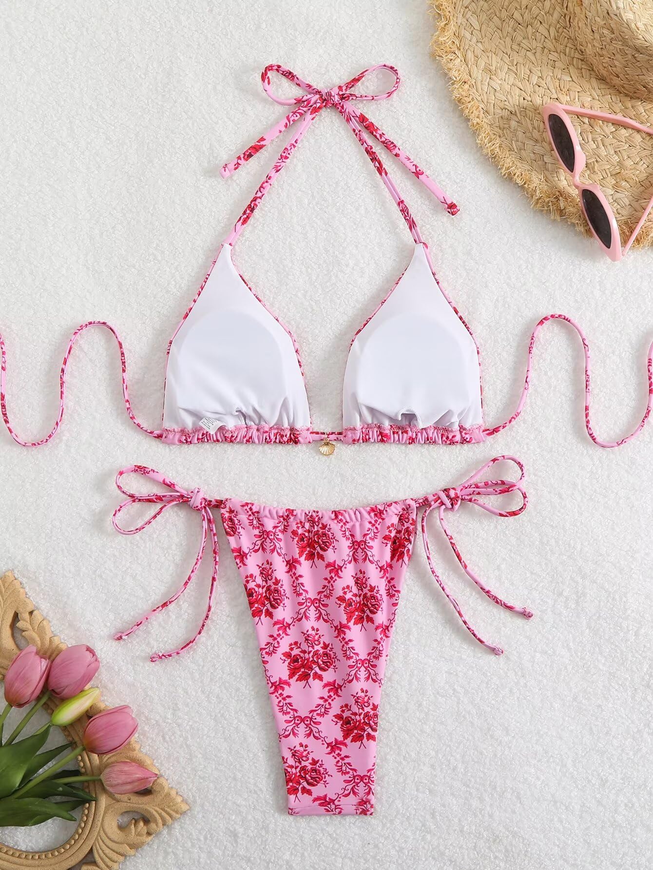 Women's Ditsy Floral Print Bathing Suit High Waisted Halter All Over Swimsuit Bikini Set