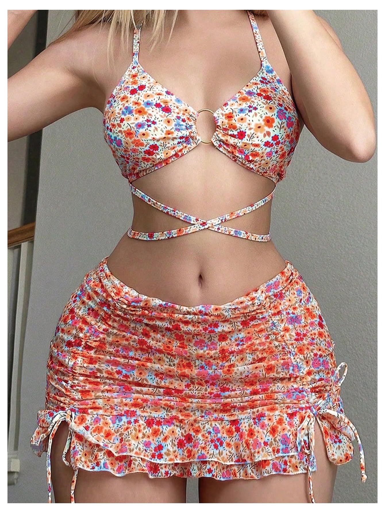 Women's 3 Piece Swimsuits Floral Criss Cross Halter Thong Bikini Sets Bathing Suit with Cover Up Ruffle Skirts