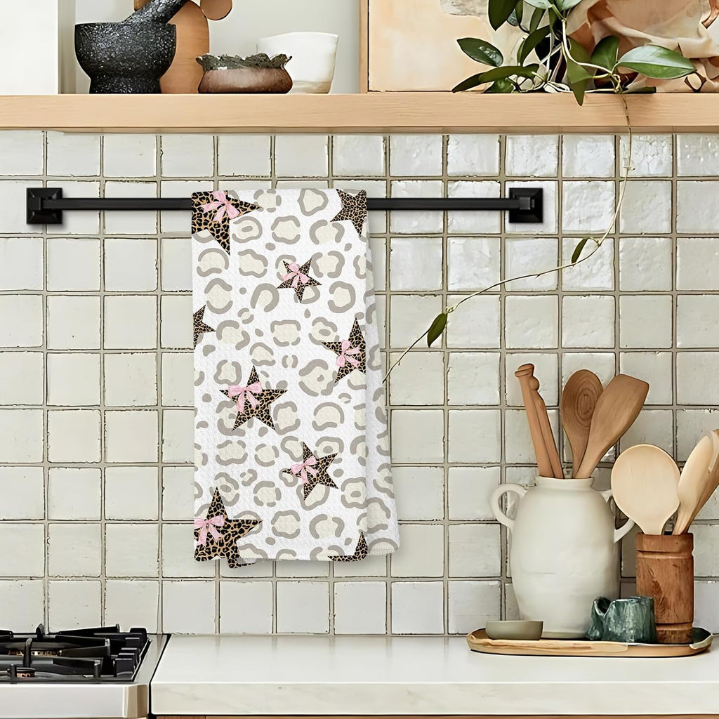 Retro Leopard Kitchen Towels, Coquette Pink Bow Cheetah, 16x24 Inch