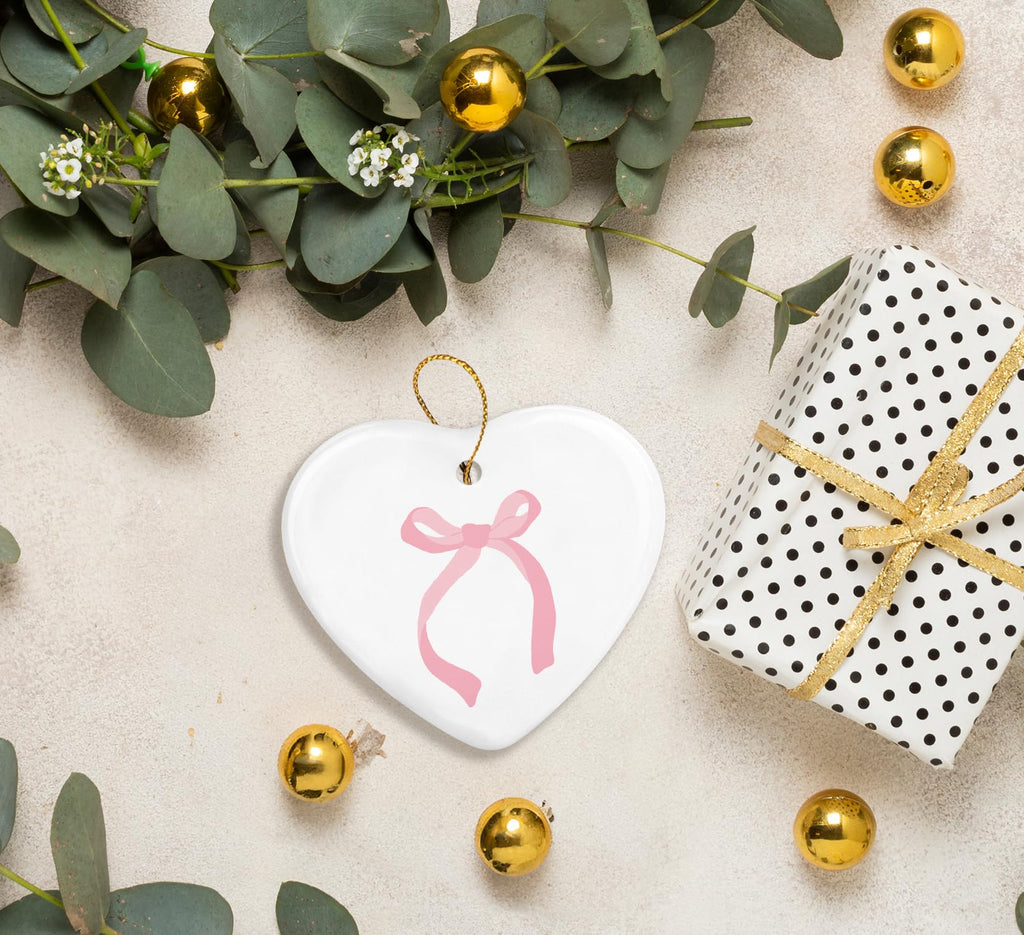 Coquette Trendy Pink Bow Ornament, Keepsake Sign for Decoration, Ceramic Heart