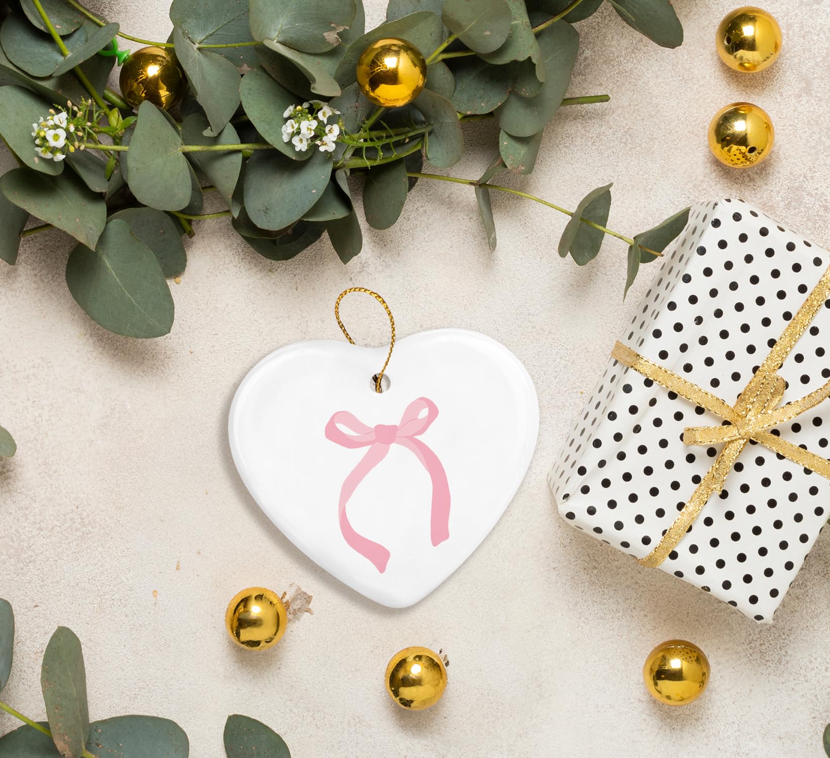 Coquette Trendy Pink Bow Ornament, Keepsake Sign for Decoration, Ceramic Heart