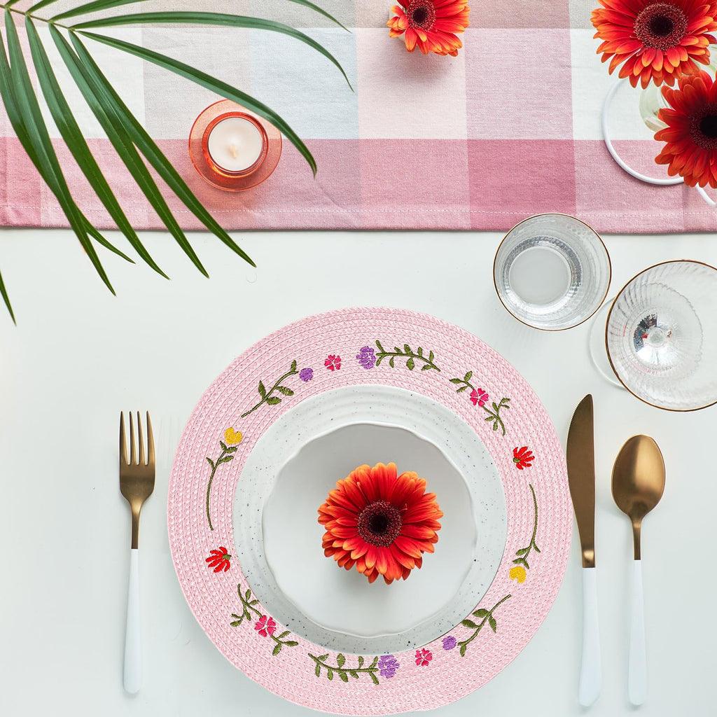 Whaline 4Pcs Round Placemats Pink Bow Embroidered Place Mats Coquette Bow Dinner Table Mats for Home Wedding Baby Shower Birthday Party Decor