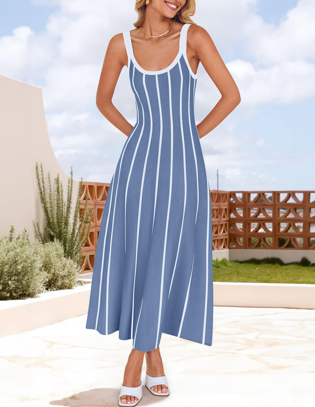 Wome's Summer Sleeveless Striped Midi Dress 2025 Knit Casual Elegant A Line Swing Long Dresses