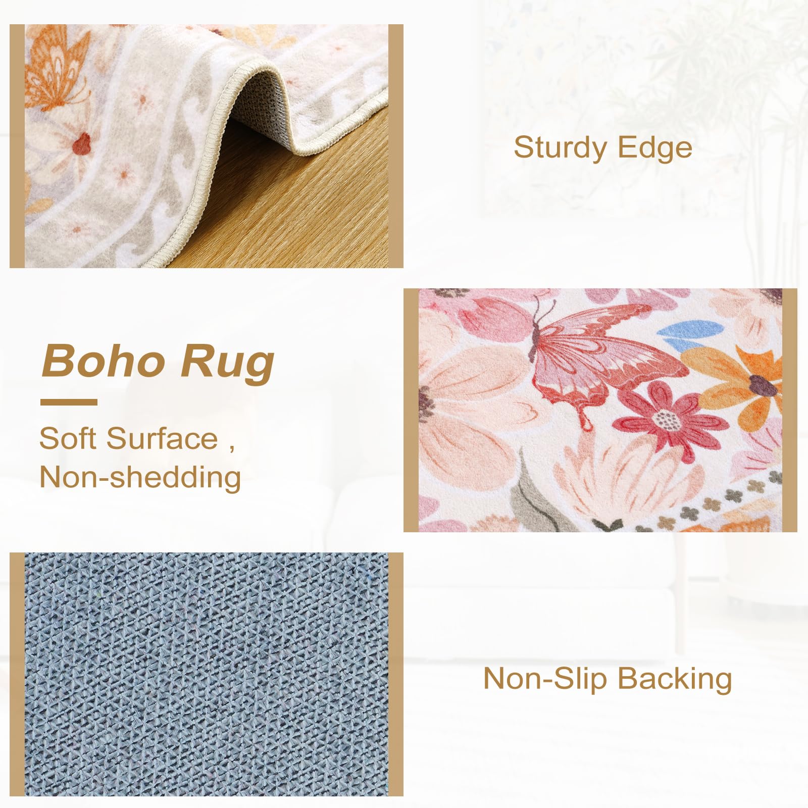 Floral Hallway Runner Rug, Runner Rugs Non Skid Washable, Low Pile Soft Boho Rugs