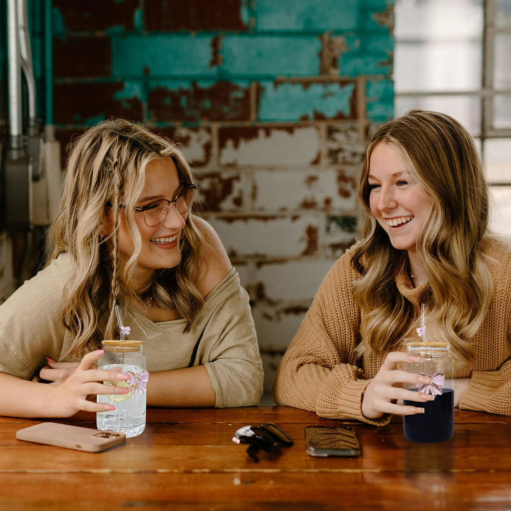 Coquette Aesthetic 3D Pink Bow Glass Cup with Bamboo Lid & Straw,16oz Cute Glass Cups with Lids and Straws,Bow Tumbler for Iced Coffee/Matcha, with１Cleaning Brush