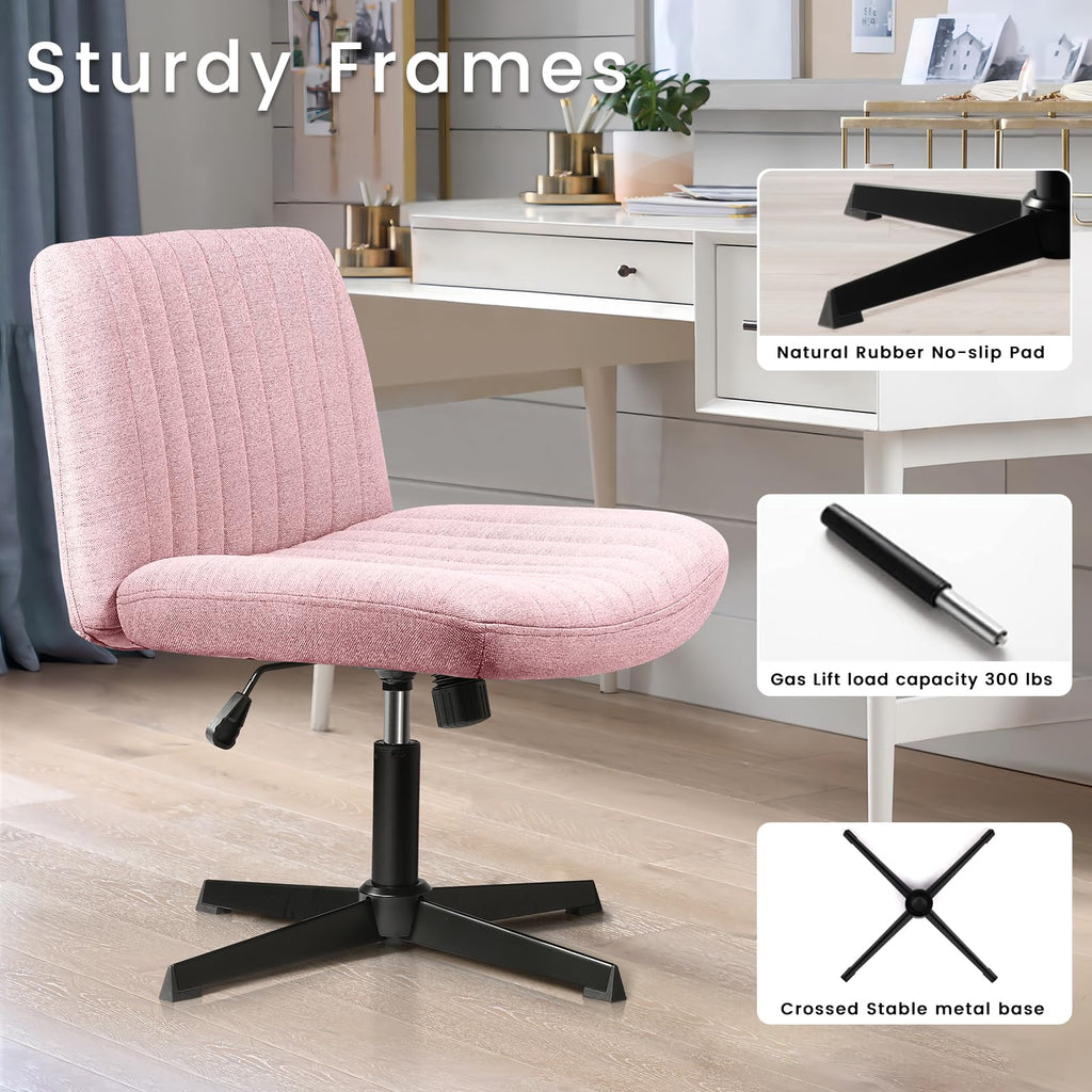Criss Cross Chair, Armless Cross Legged Office Desk Chair No Wheels, Fabric Padded Modern Swivel Height Adjustable Mid Back Wide Seat
