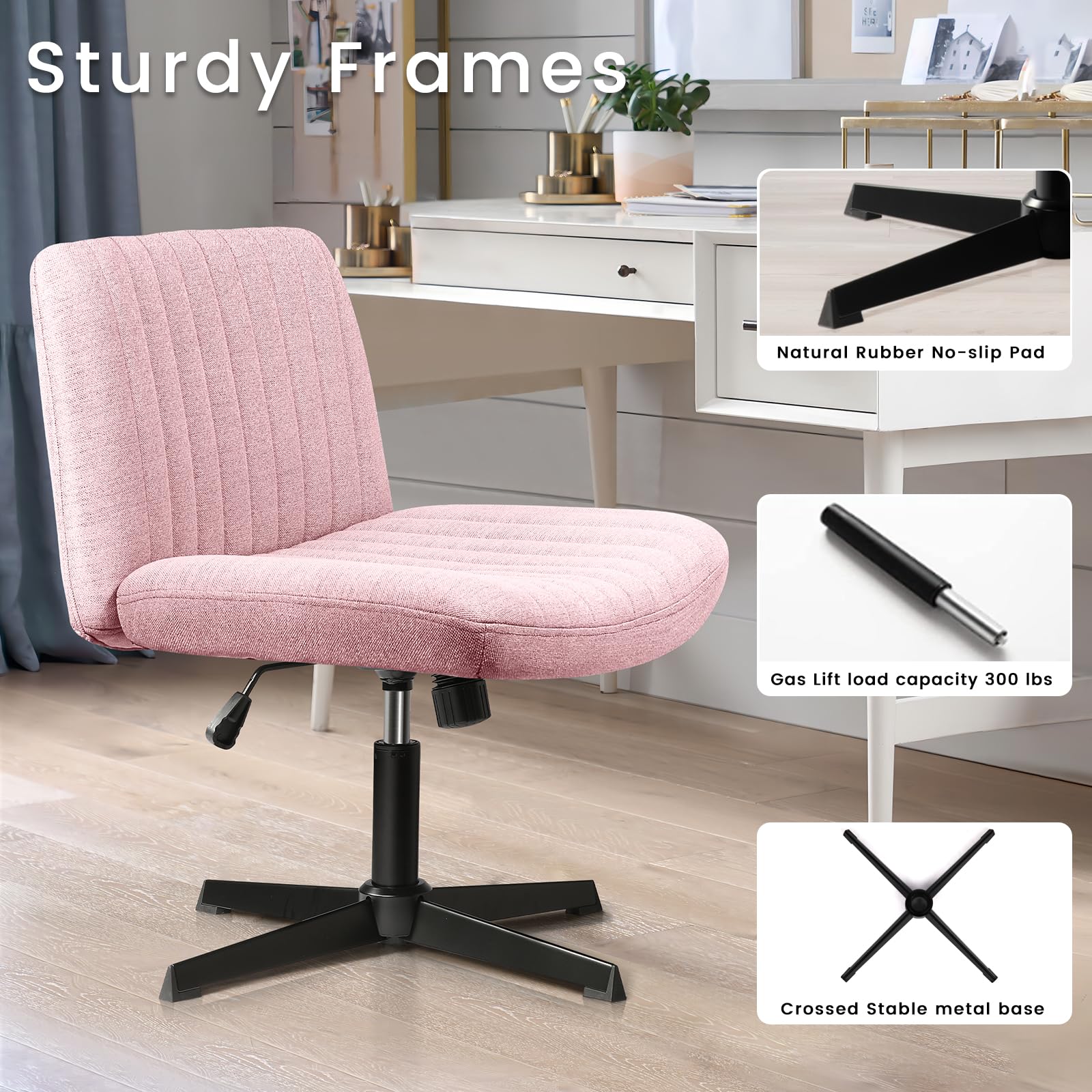 Criss Cross Chair, Armless Cross Legged Office Desk Chair No Wheels, Fabric Padded Modern Swivel Height Adjustable Mid Back Wide Seat