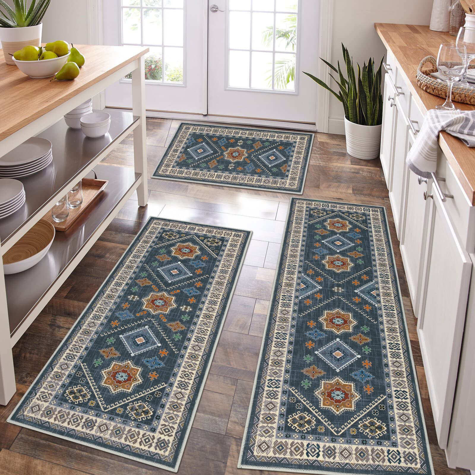 Thick Boho Kitchen Rug Sets 3 Piece with Runner Non Slip Kitchen Rugs and Mats Washable Kitchen Mats