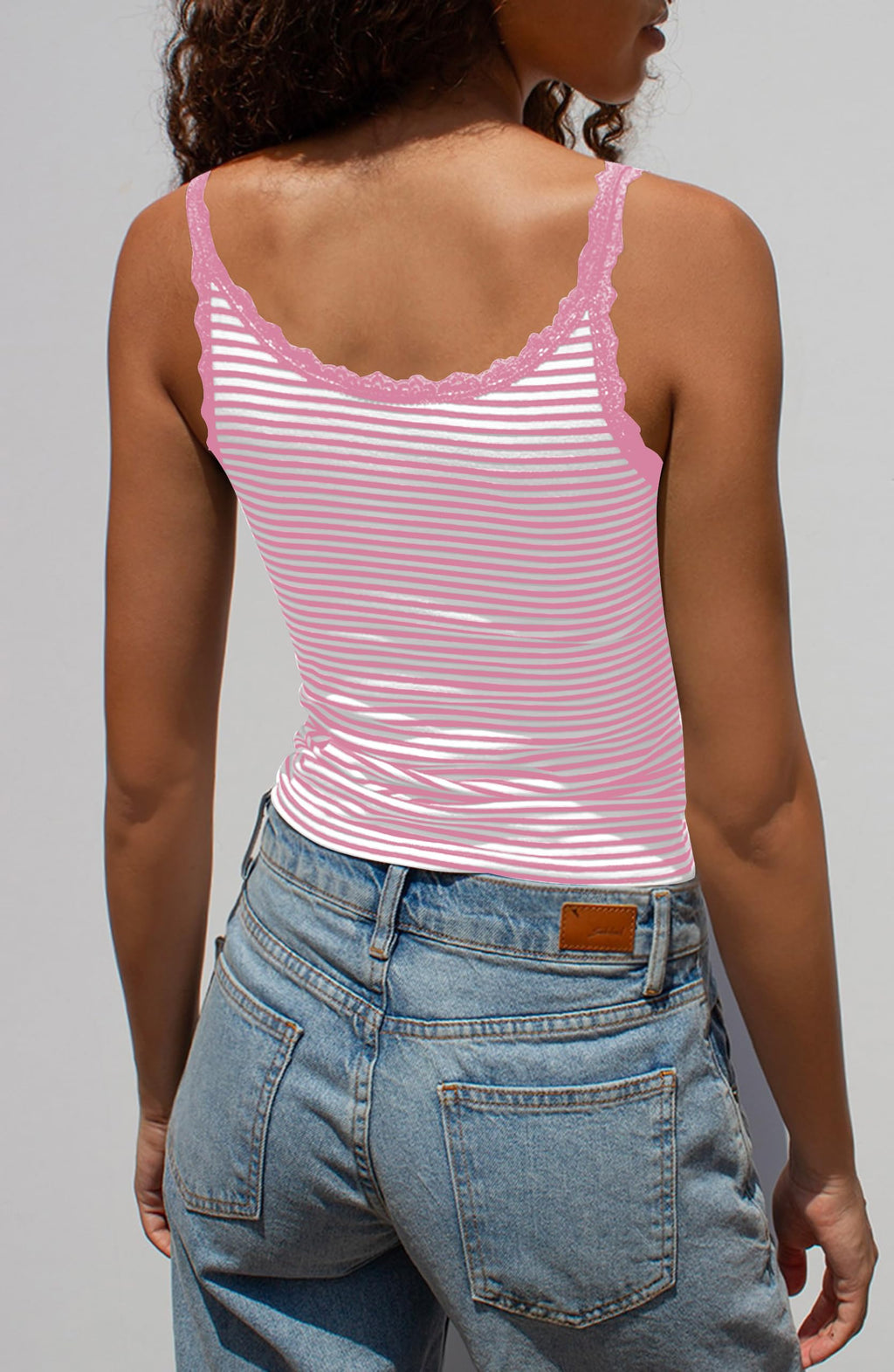 Cute Coquette Women Y2K Striped Camisole Tops Lace Patchwork Scoop Neck Spaghetti Strap Crop Tank Tops