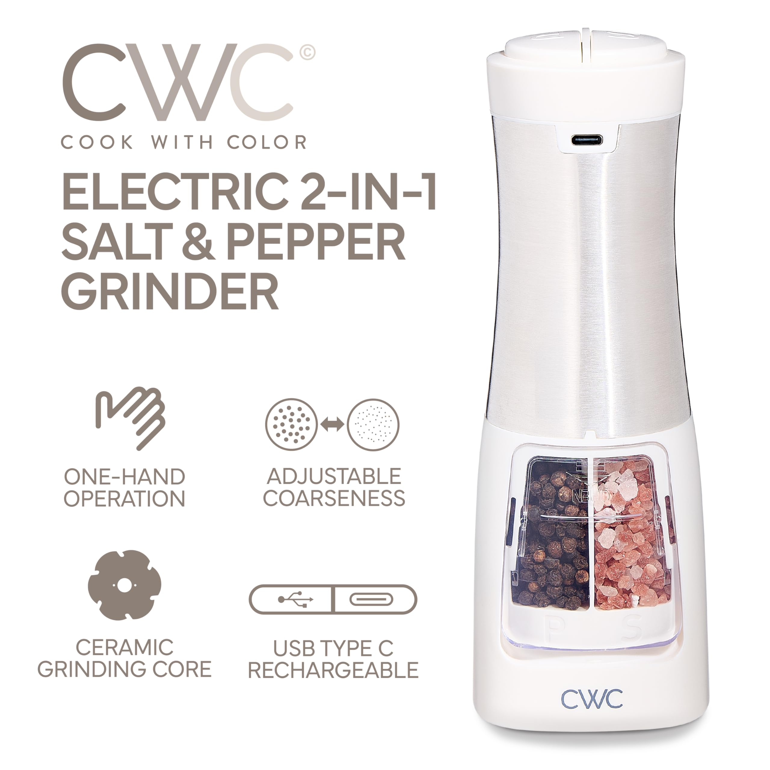 Rechargeable Salt & Pepper Shaker - 2-in-1 Grinders for Salt and Pepper