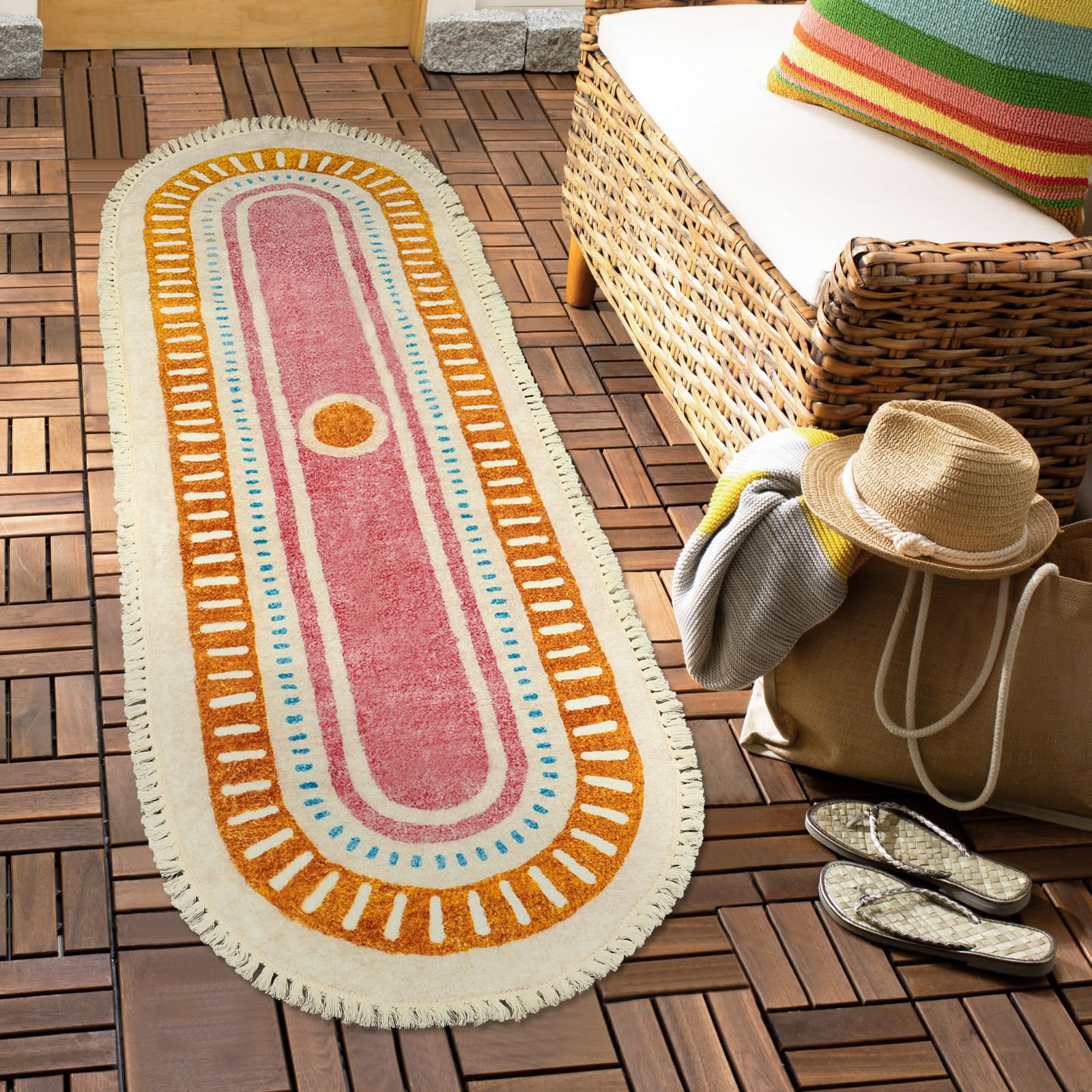 Orange Rainbow Boho Runner Rugs with Fringes, Sun Washable Hallway Runner Rug, Soft Non-Slip Area Rug