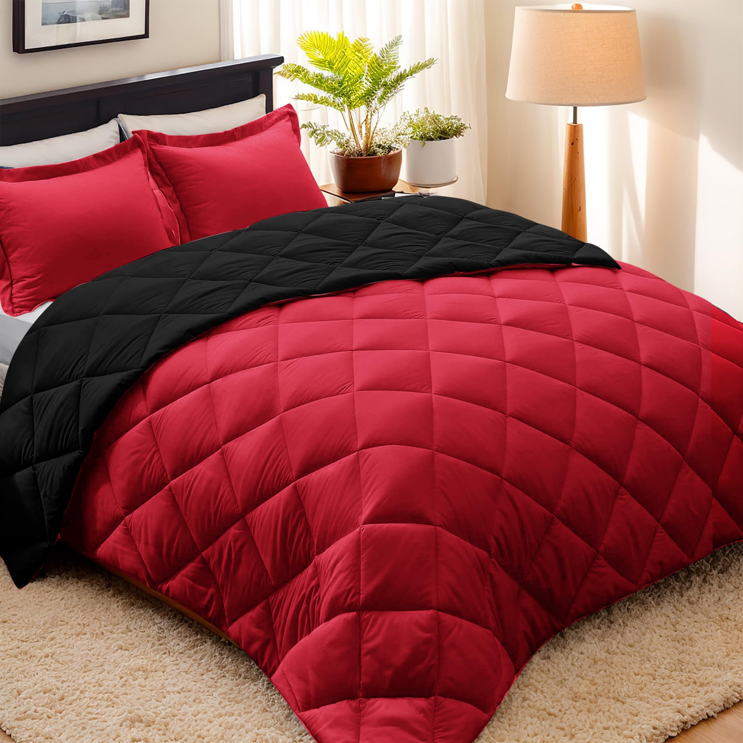 Reversible Down Alternative Comforter with Two Shams - Quilted Duvet Insert with Corner Tabs - Box Stitched Blanket - Super Soft, Fluffy
