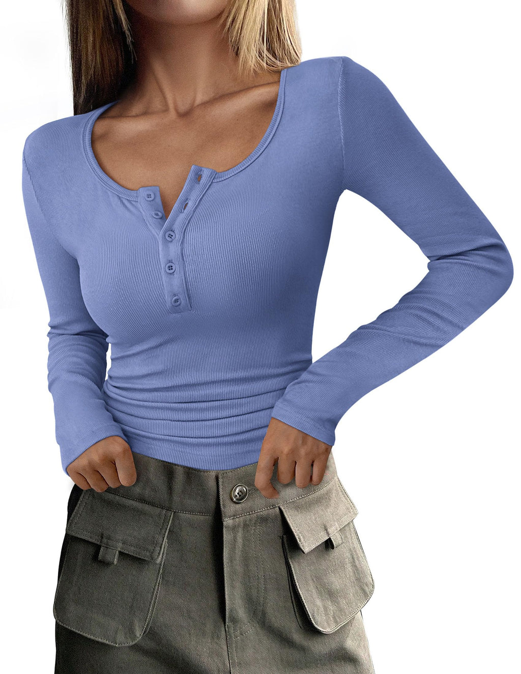 Women's Long Sleeve T Shirts Button Ribbed Knit Slim Fit Basic Tops Blouse