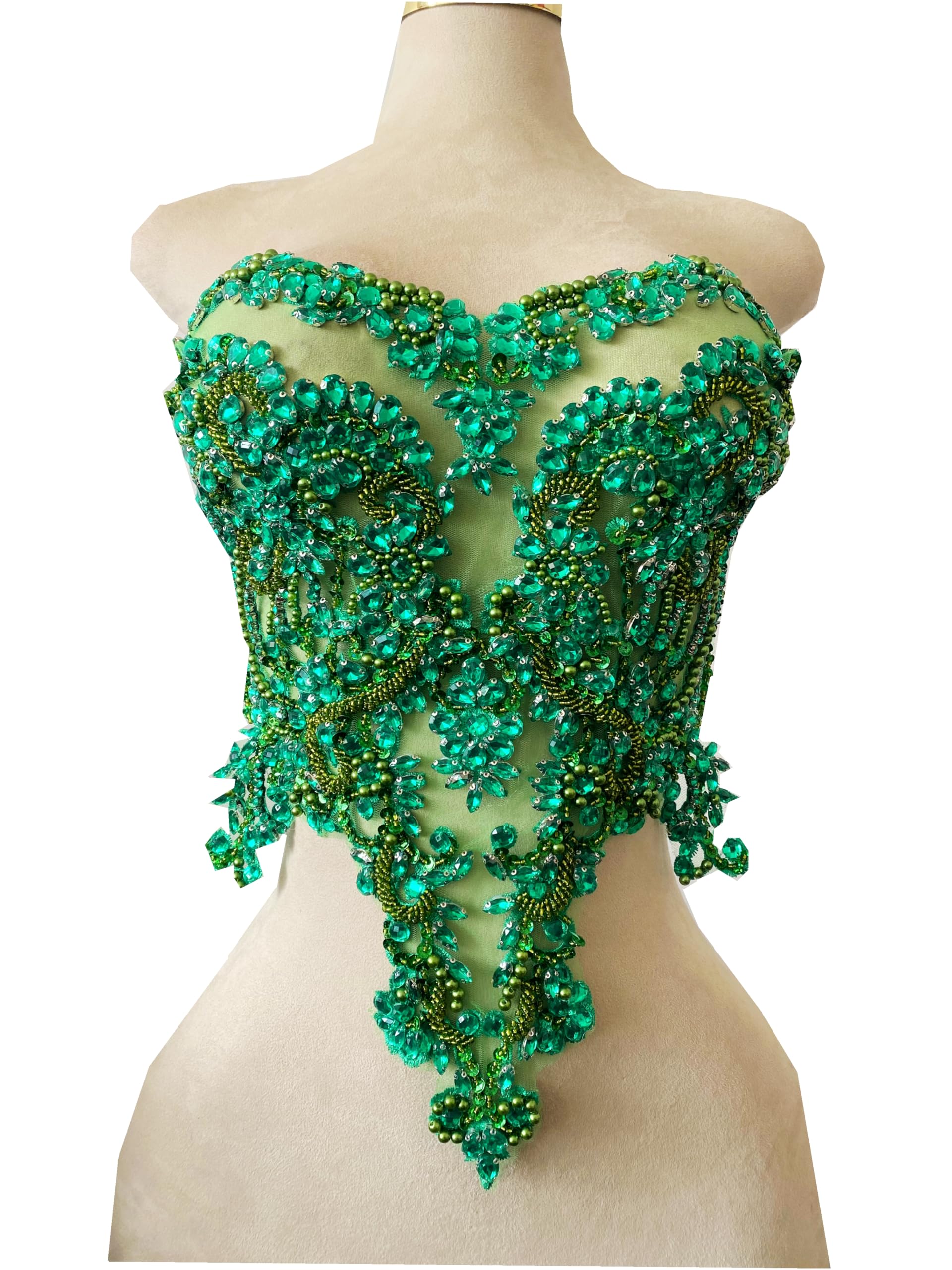 Handmade red/Blue/Gold/Green Rhinestones lace Bodice Applique Sewing Beads Crystal Trim Patches Accessory for Dress Clothes (Rose red)