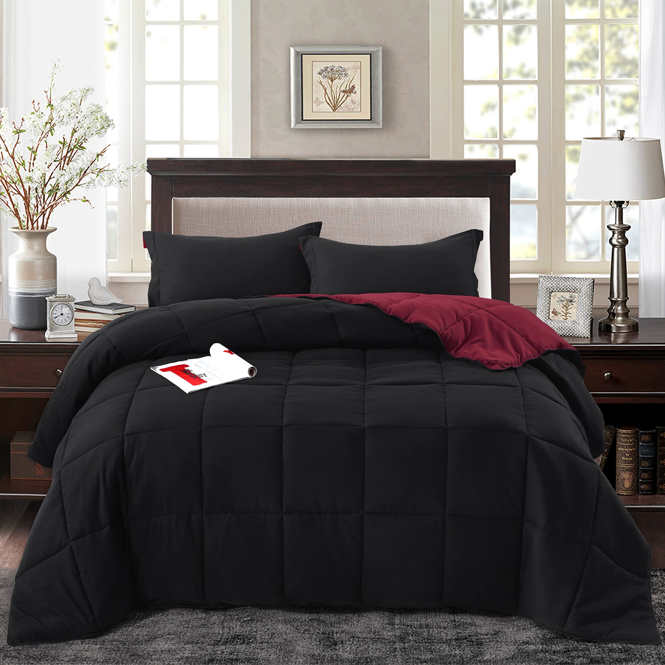 Reversible Down Alternative Comforter with Two Shams - Quilted Duvet Insert with Corner Tabs - Box Stitched Blanket - Super Soft, Fluffy