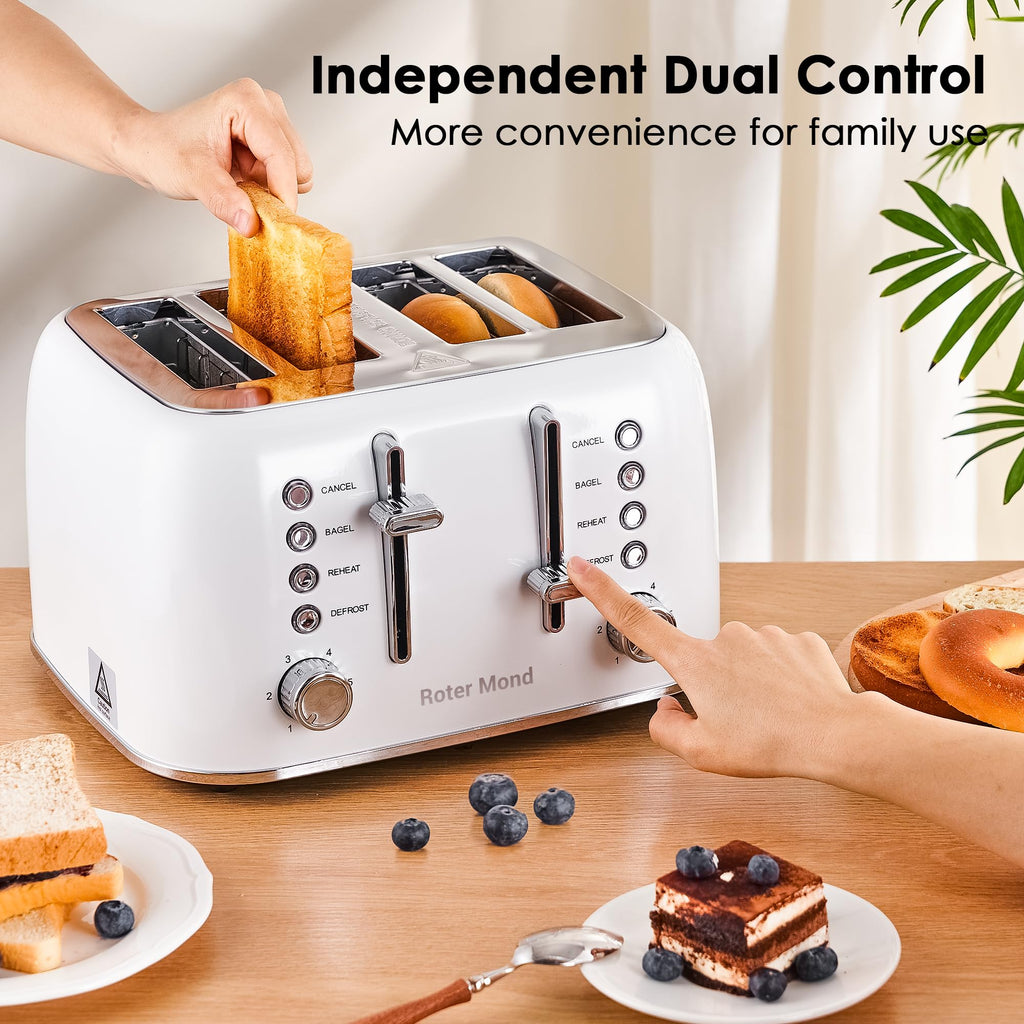 Toaster 4 Slice Retro Stainless Steel with Extra Wide Slots, Reheat Function, Dual Independent Control Panel, Removable Crumb Tray, 6 Browning Levels
