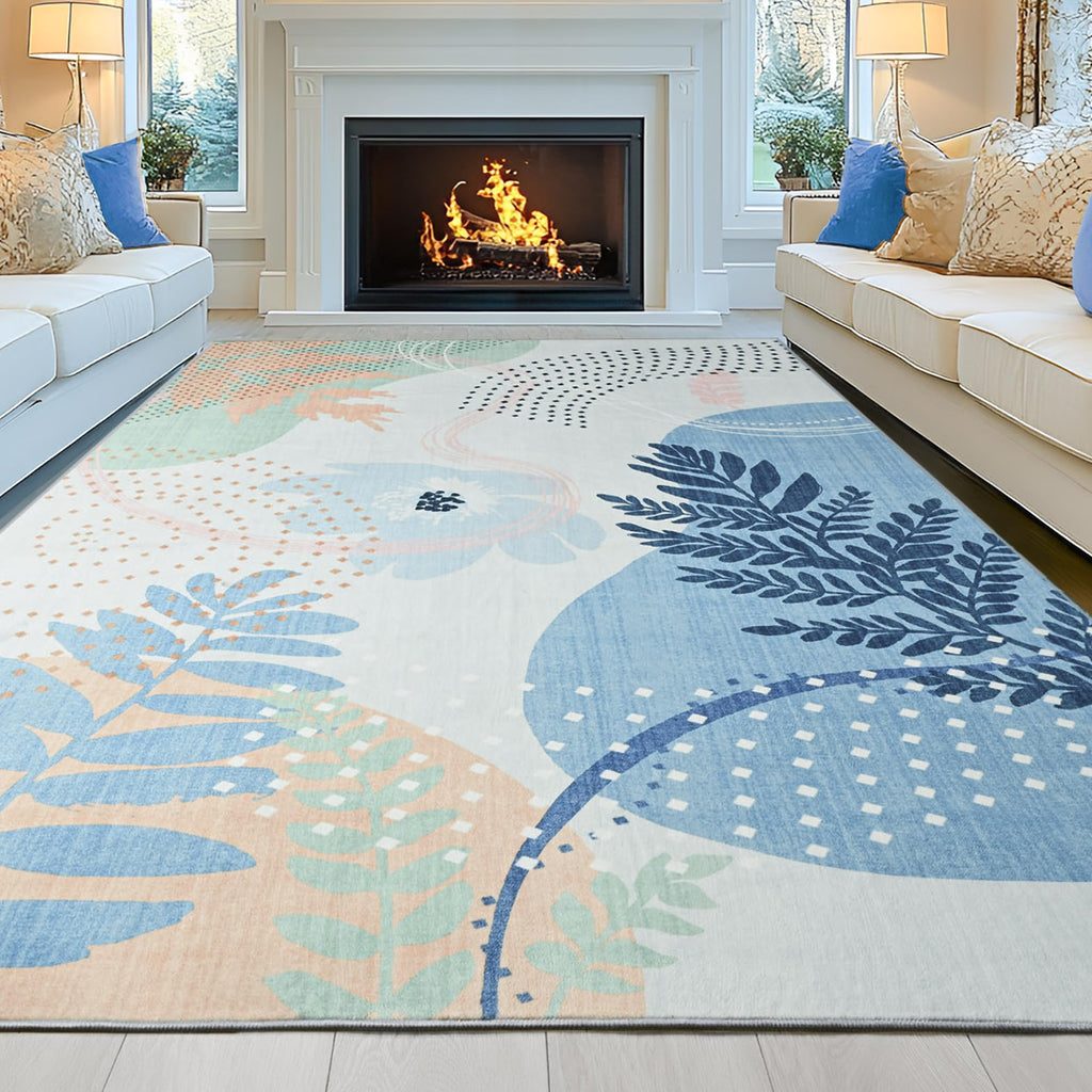 Faux Wool Boho Floral Area Rug Abstract Print Soft Carpet, TPR Non-Slip Backing, Machine Washable Low Pile Rug