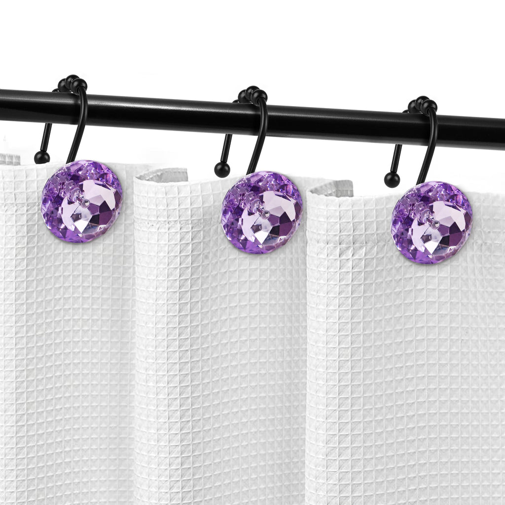 Luxury Design Round Diamond Crystal Gem Bling with Glide Balls Shower Curtain Hooks, Rust Proof Metal Rhinestones Glam Shower Curtain Rings-12 Pack