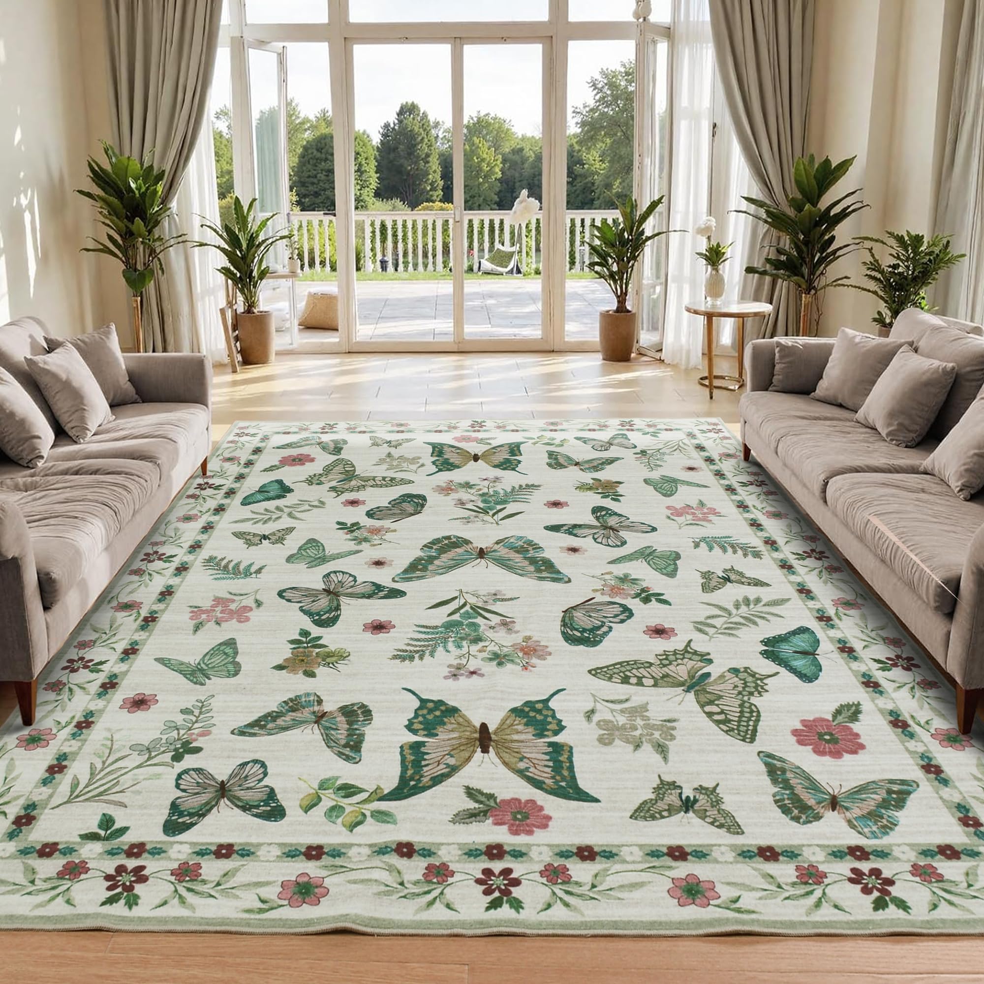 Insect Floral Area Rug, Machine Washable Area Rug Non-Slip Low Pile Large Bedroom Rug Stain Resistant Throw Rug Carpet