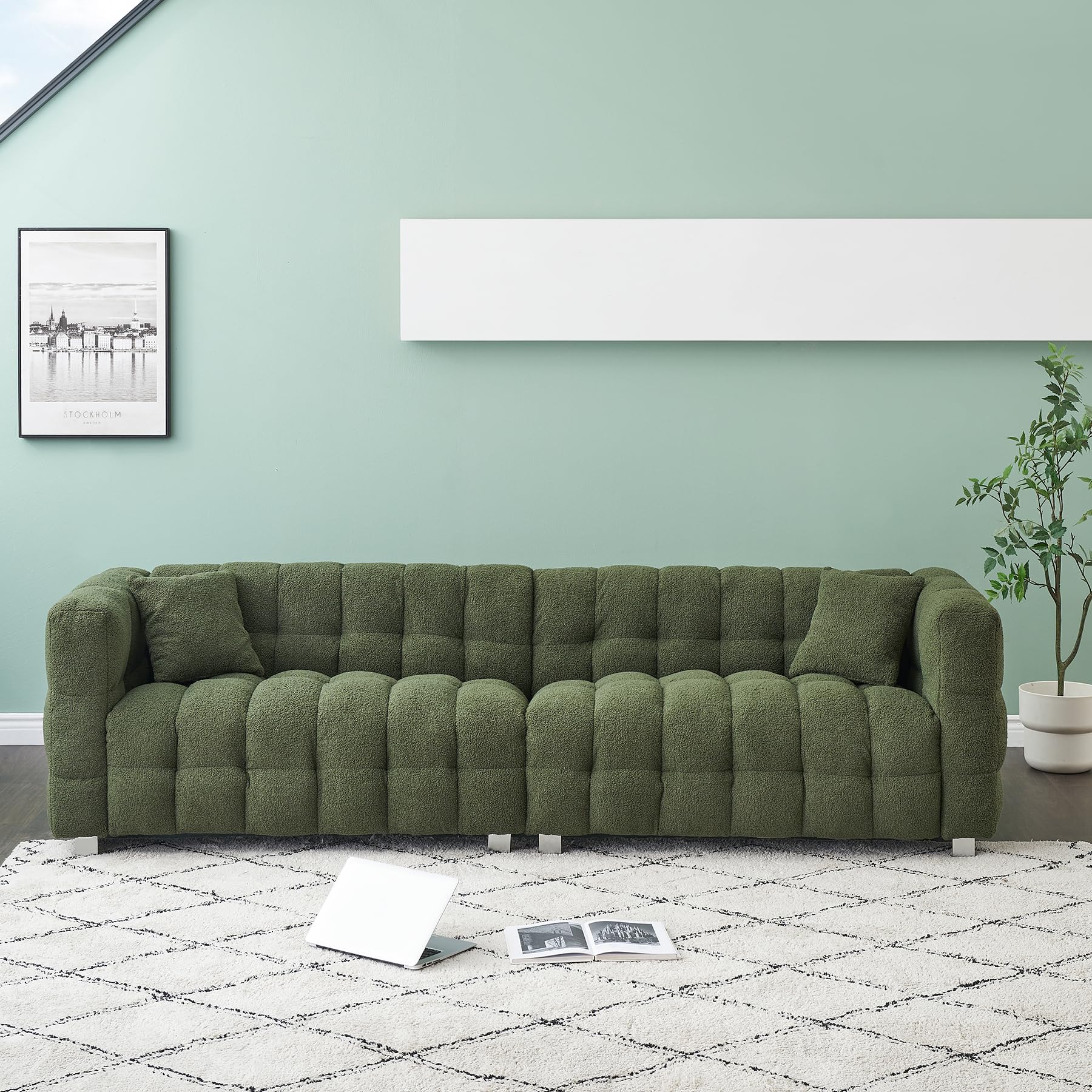 Modern Sofa Couch with Metal Legs Upholstered Tufted 3 Seater Couch with 2 Pillows Decor