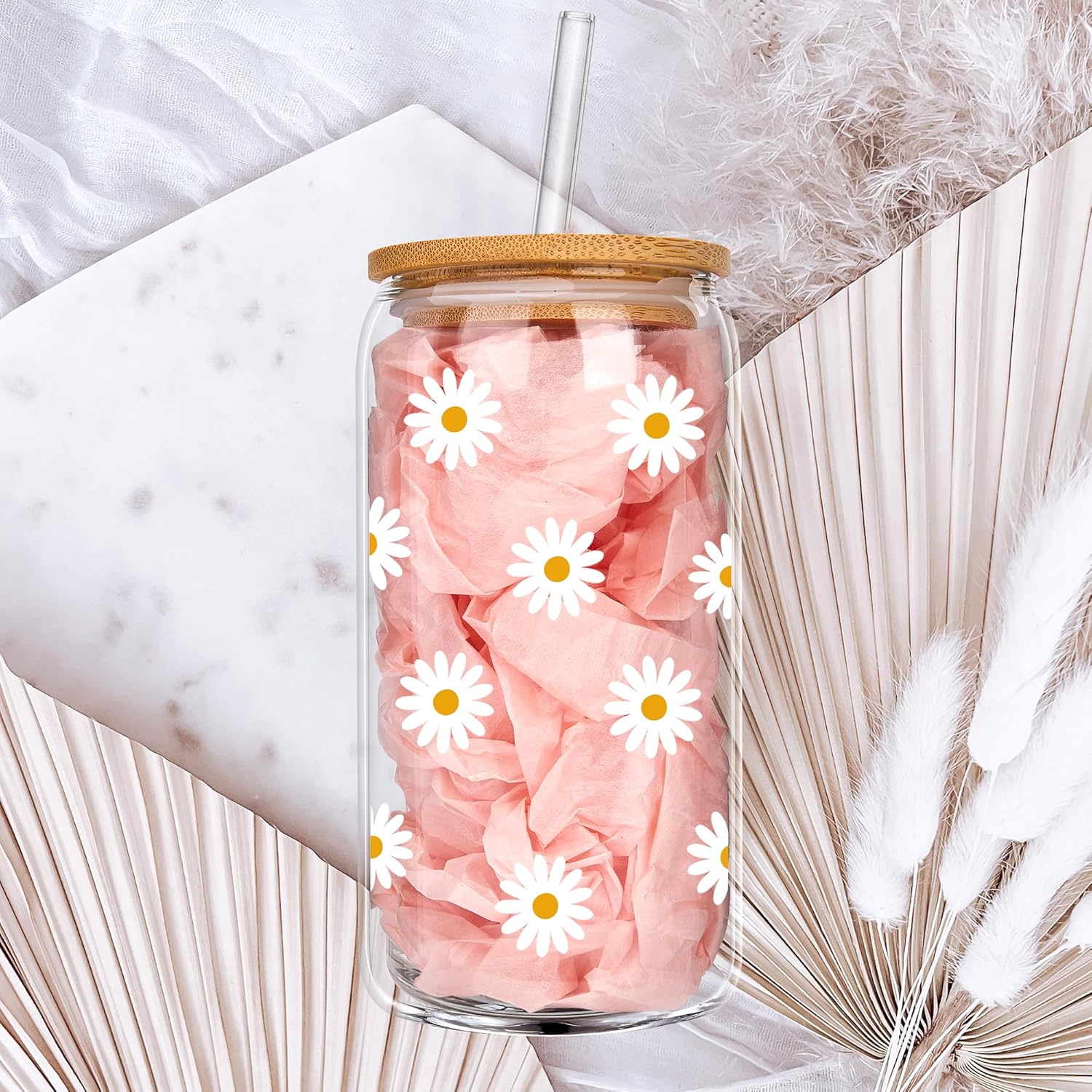 Cute Glass Cups with Lids and Straws, Daisy Design Iced Coffee Cup, Aesthetic Mug Tumbler