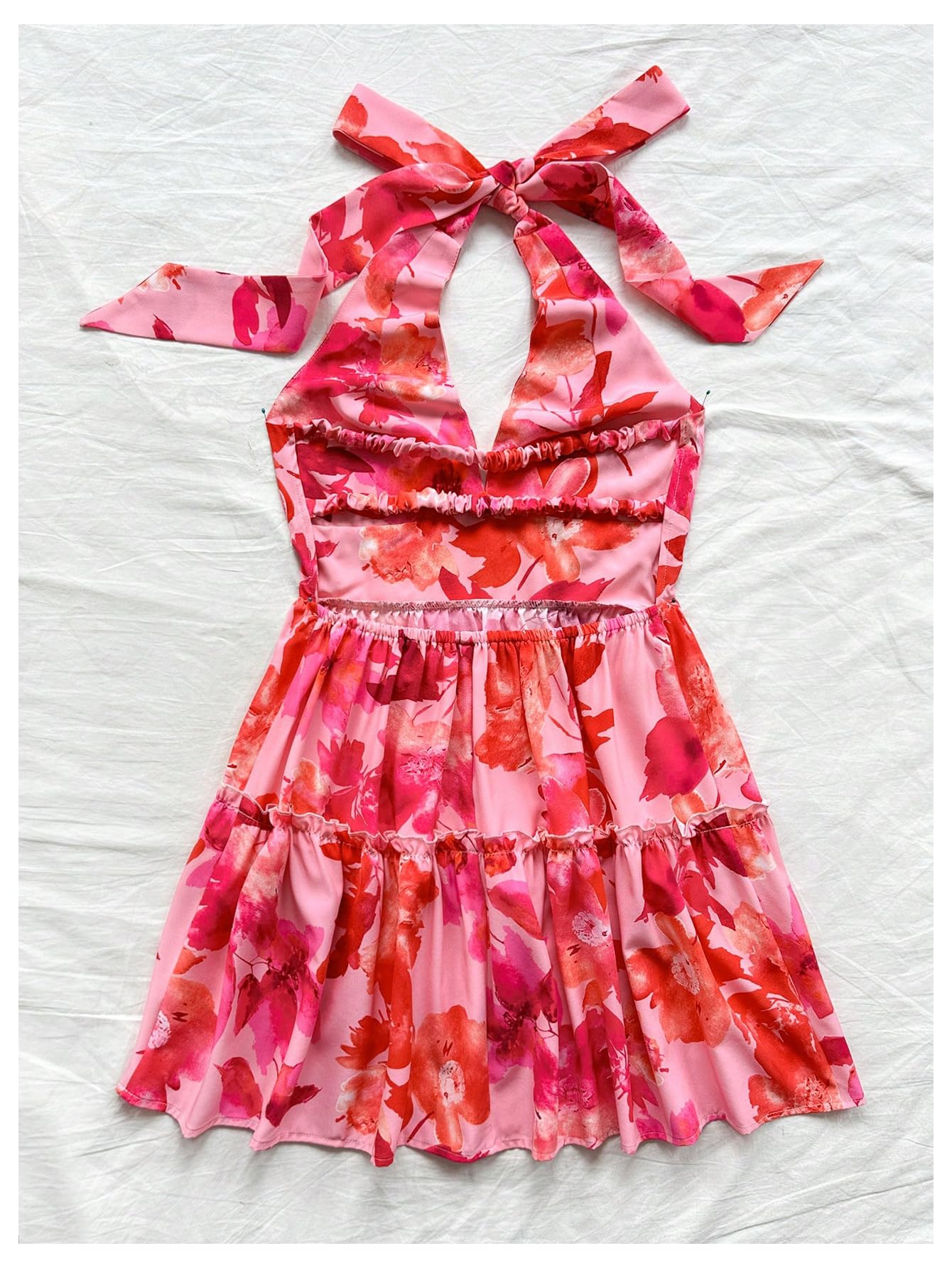 Women's Floral Print Sleeveless Halter Neck Layered Hem A Line Mini Dress