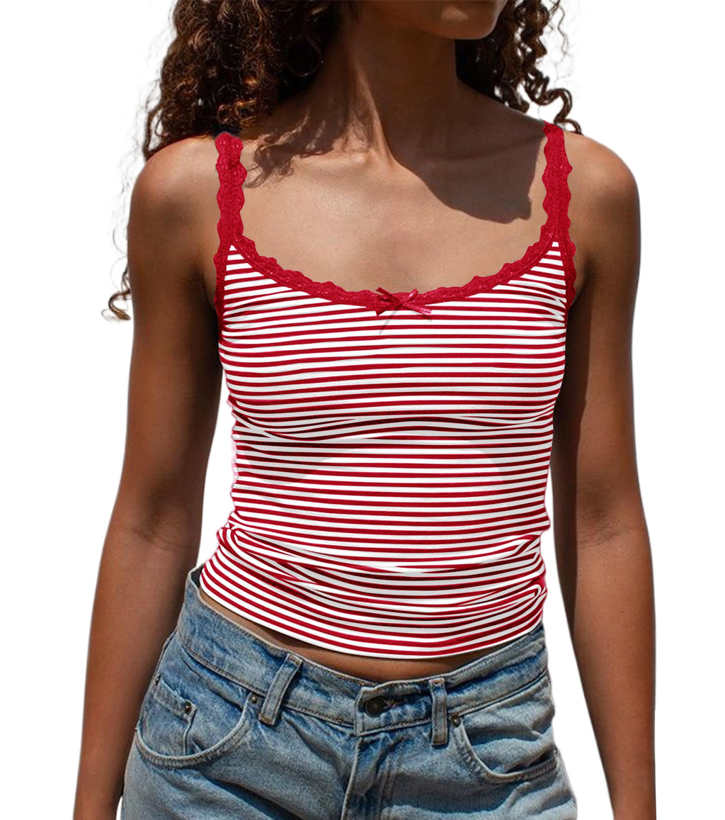 Cute Coquette Women Y2K Striped Camisole Tops Lace Patchwork Scoop Neck Spaghetti Strap Crop Tank Tops
