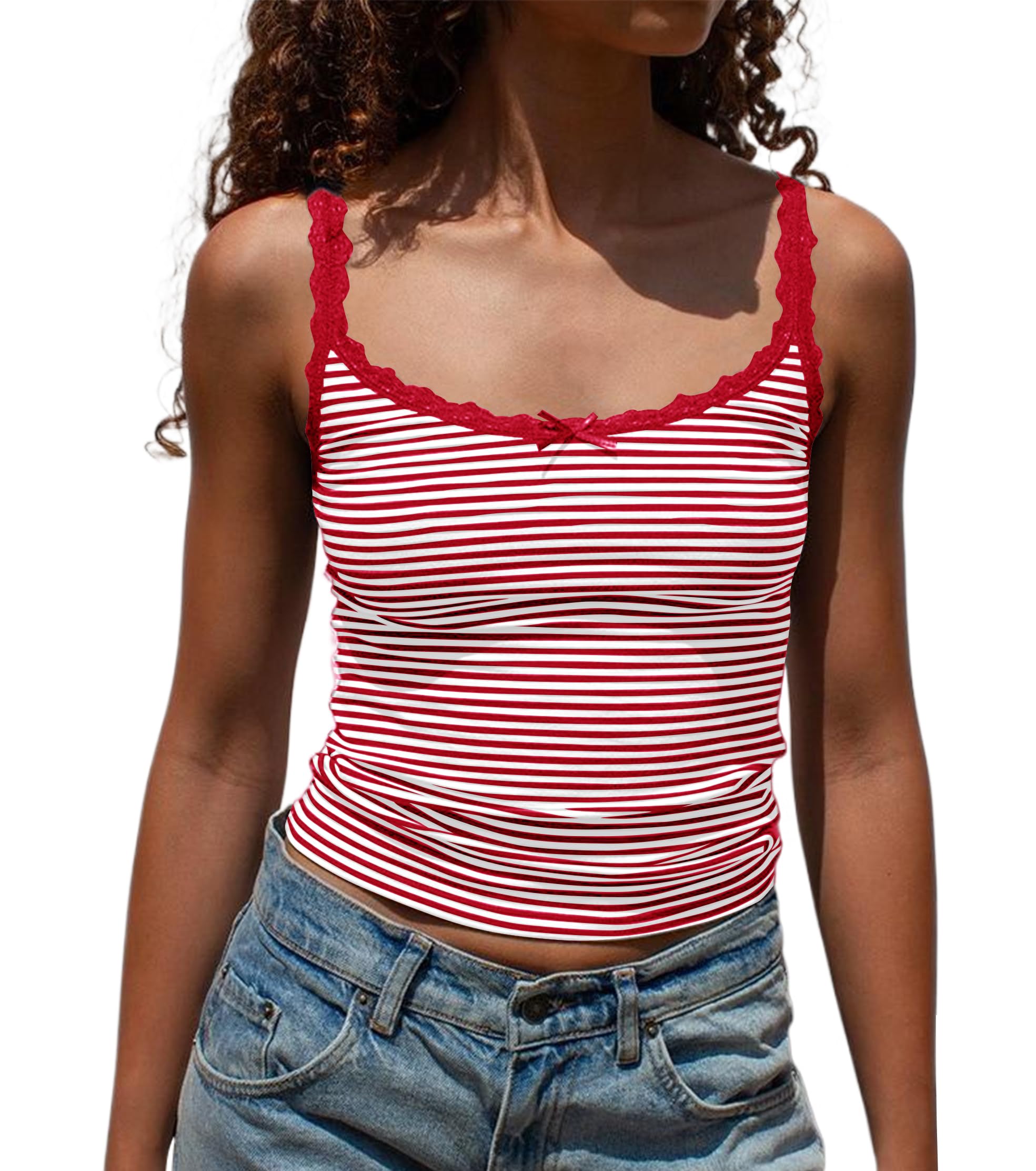 Cute Coquette Women Y2K Striped Camisole Tops Lace Patchwork Scoop Neck Spaghetti Strap Crop Tank Tops
