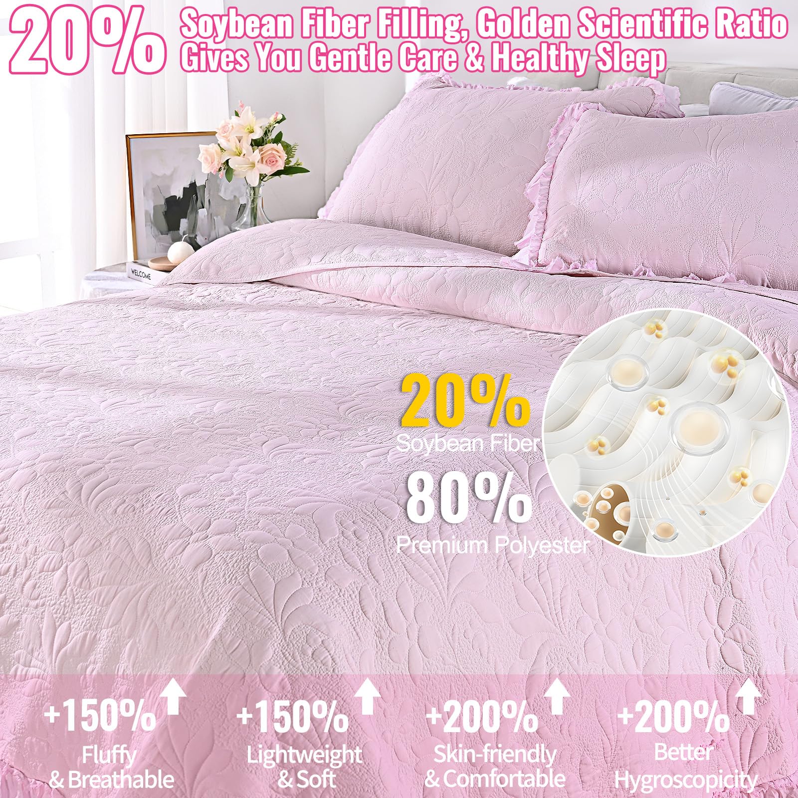 Ruffled Floral Quilts Soybean Fiber Filling Bedding Set 3 Piece, Stone-Washed Microfiber Shabby Chic Lightweight Soft Bedspread