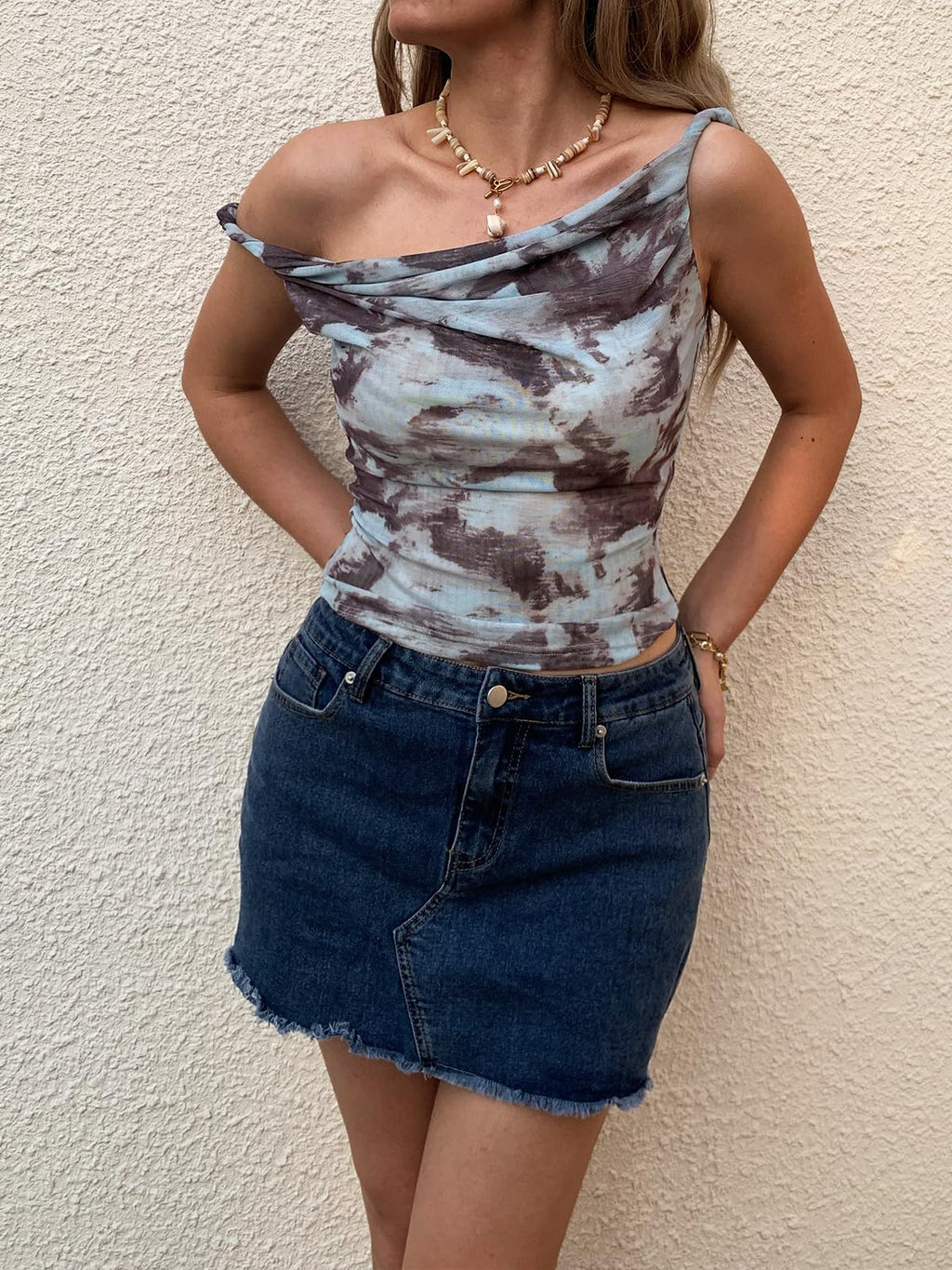 Women's Off The Shoulder Top Sleeveless Twist Strap Slim Fit Tie-Dyed Stretchy Tank Top Y2K Casual T Shirts