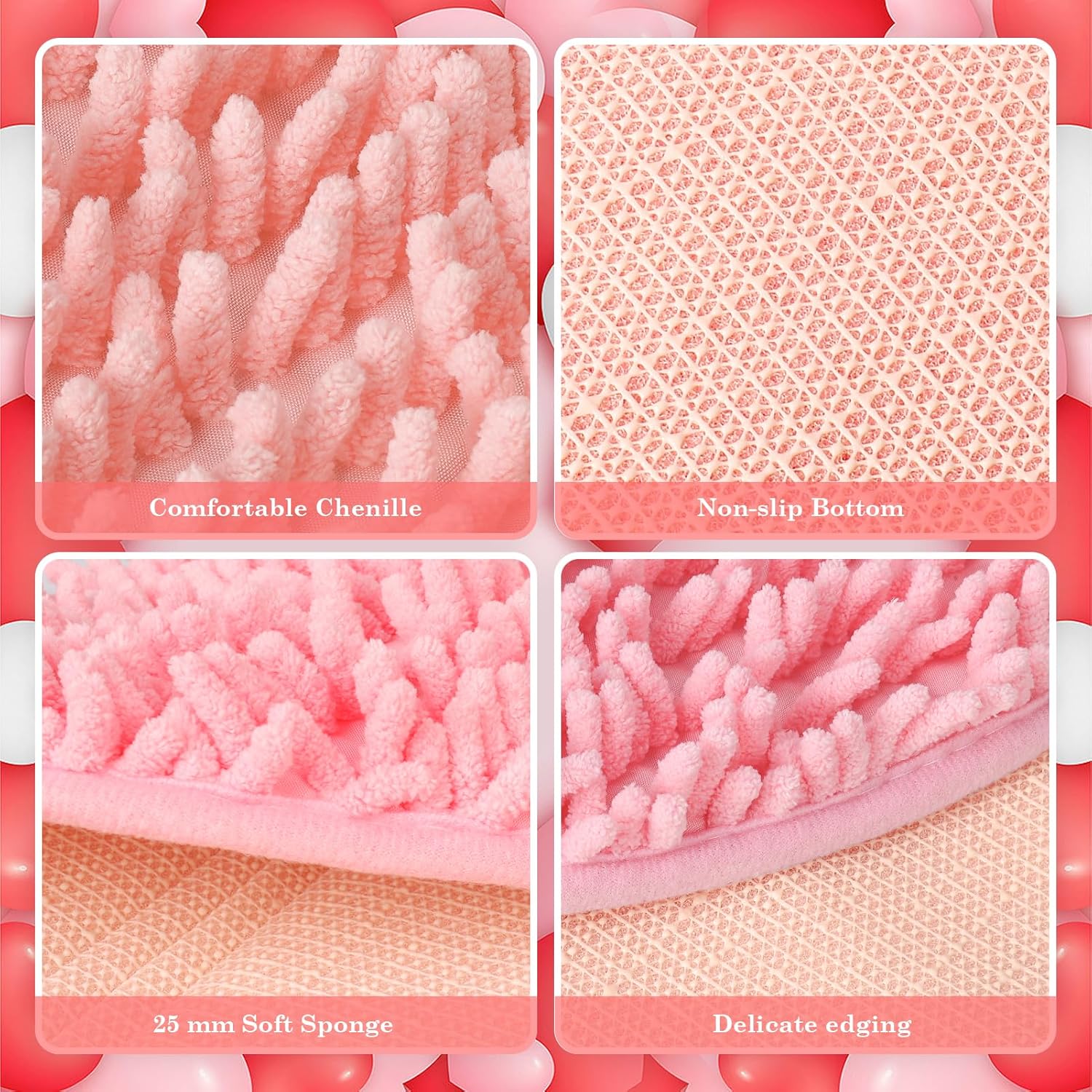 Valentine's Day 3 Pcs Heart Shaped Rugs, Love Decorative Floor Mat Shower Mat Non-Slip Washable, Heart Shag Bath Door Mat Carpet for Home Bathroom Shower Floor, 20 x 24 Inches