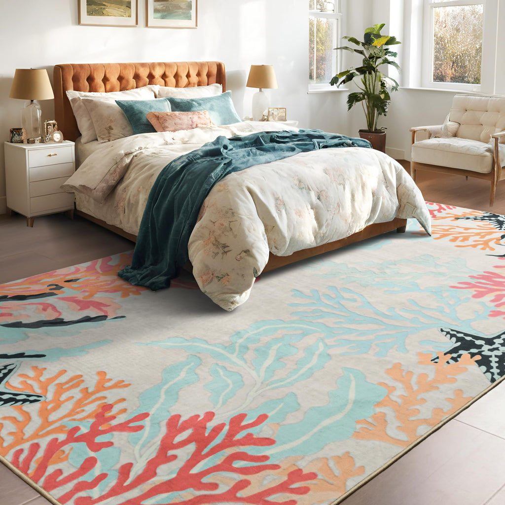 Faux Wool Boho Floral Area Rug Abstract Print Soft Carpet, TPR Non-Slip Backing, Machine Washable Low Pile Rug