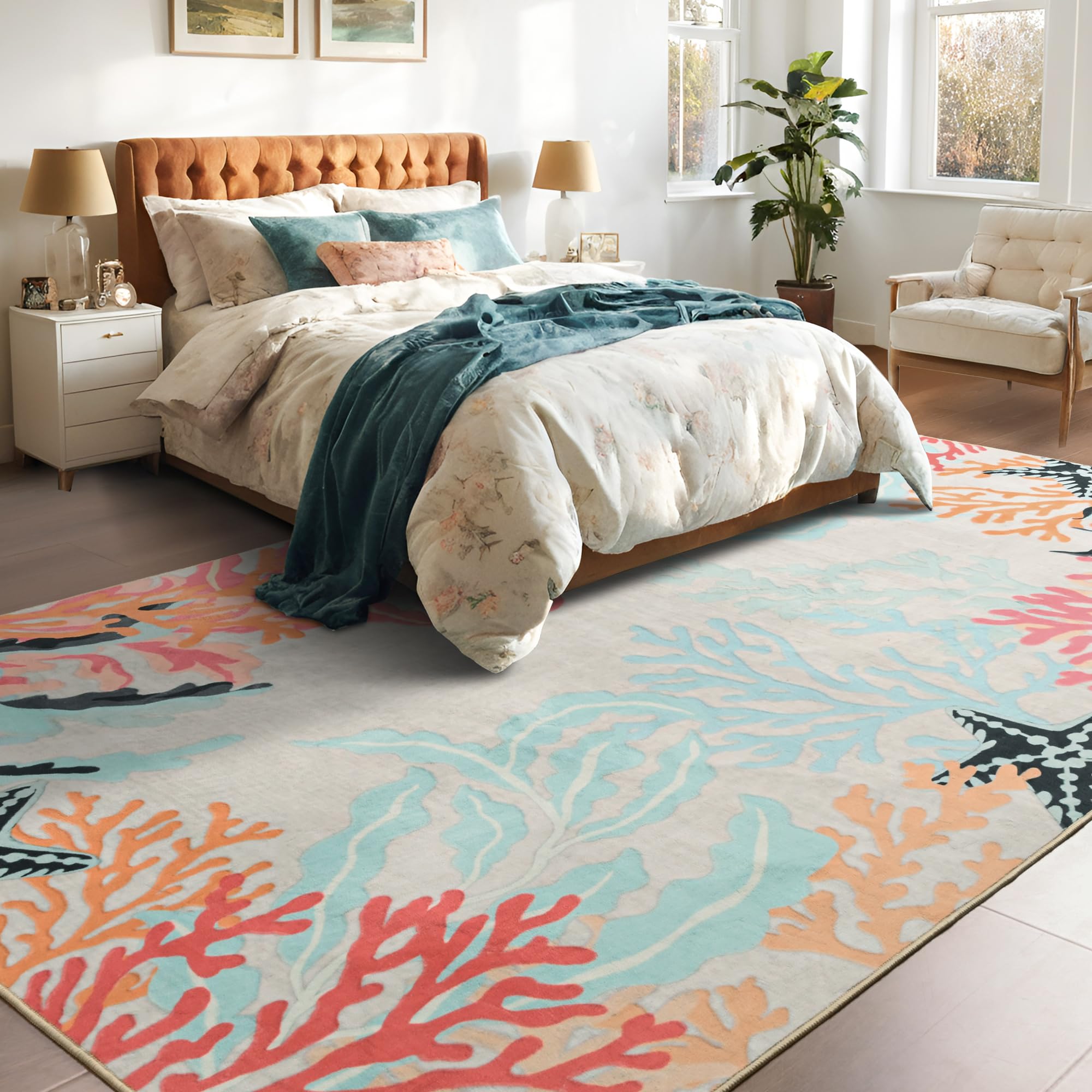 Faux Wool Boho Floral Area Rug Abstract Print Soft Carpet, TPR Non-Slip Backing, Machine Washable Low Pile Rug