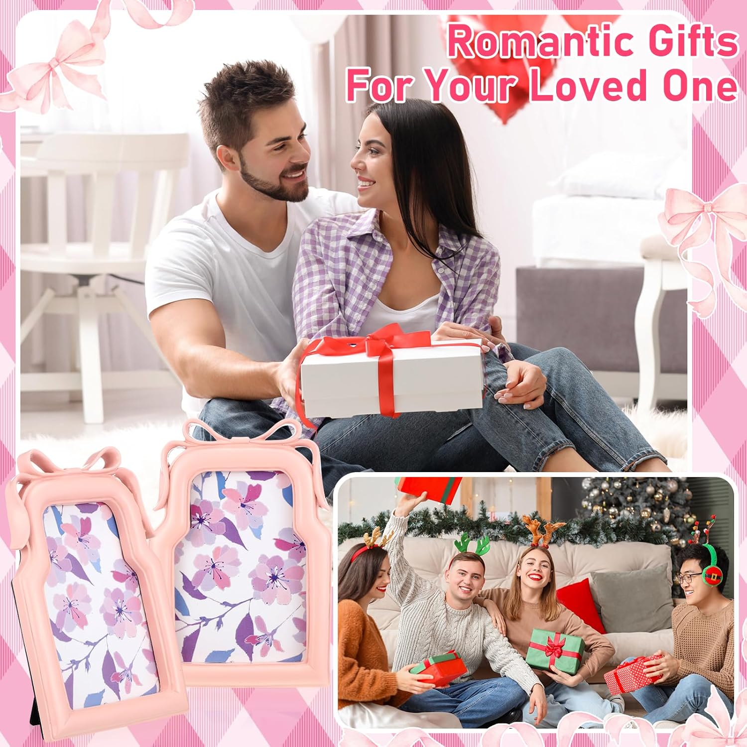 Pink Bow Picture Frame 4x6 Inch 3D Coquette Display Resin Photo Frames Cute Ribbon Bow Design 2 Pcs