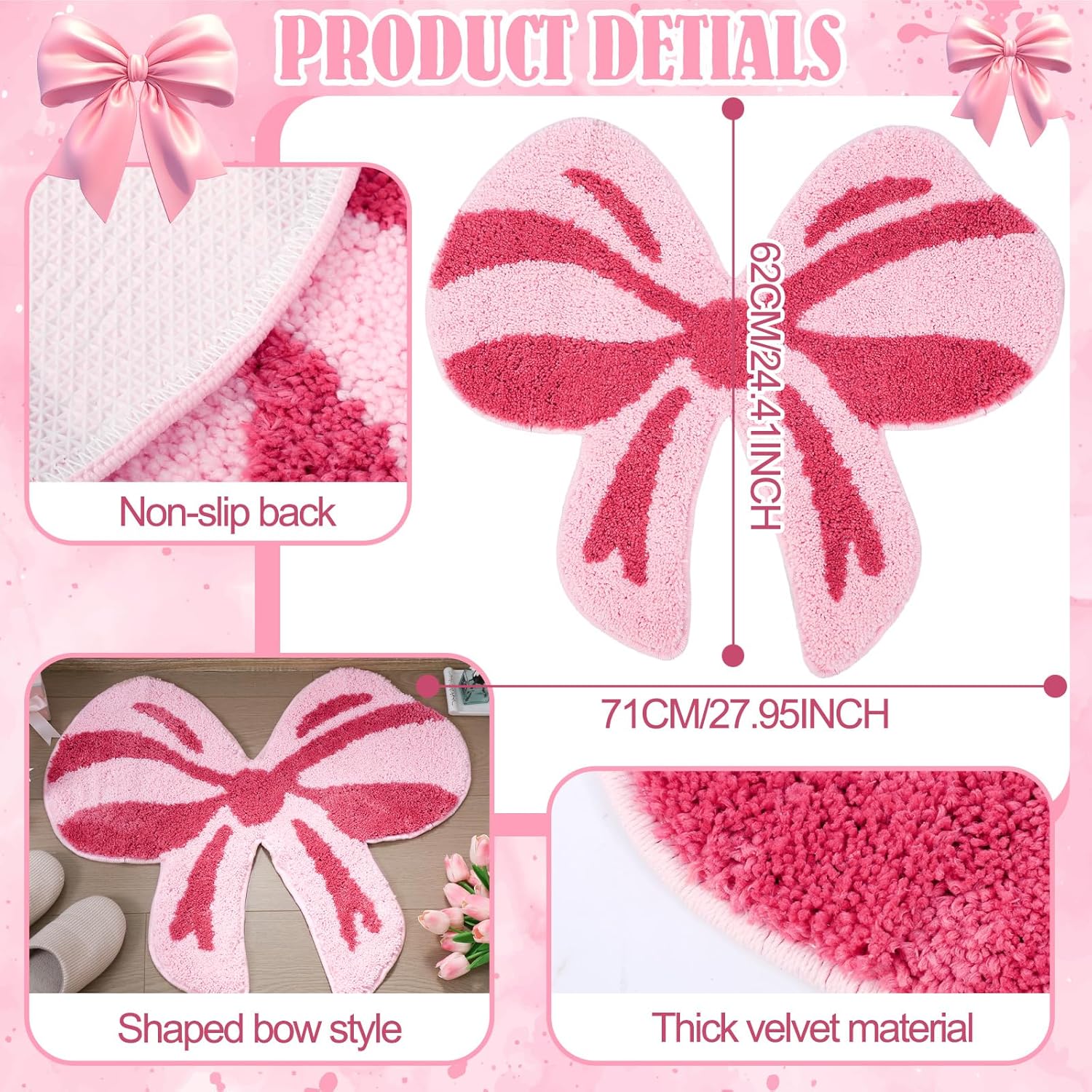 Pink Bow Bathroom Mat, 28 x 24 Inch Non Slip Bath Rugs Coquette Bow Bathmat Pink Bowknot Bathroom Rugs Bowknot Shaped Rug
