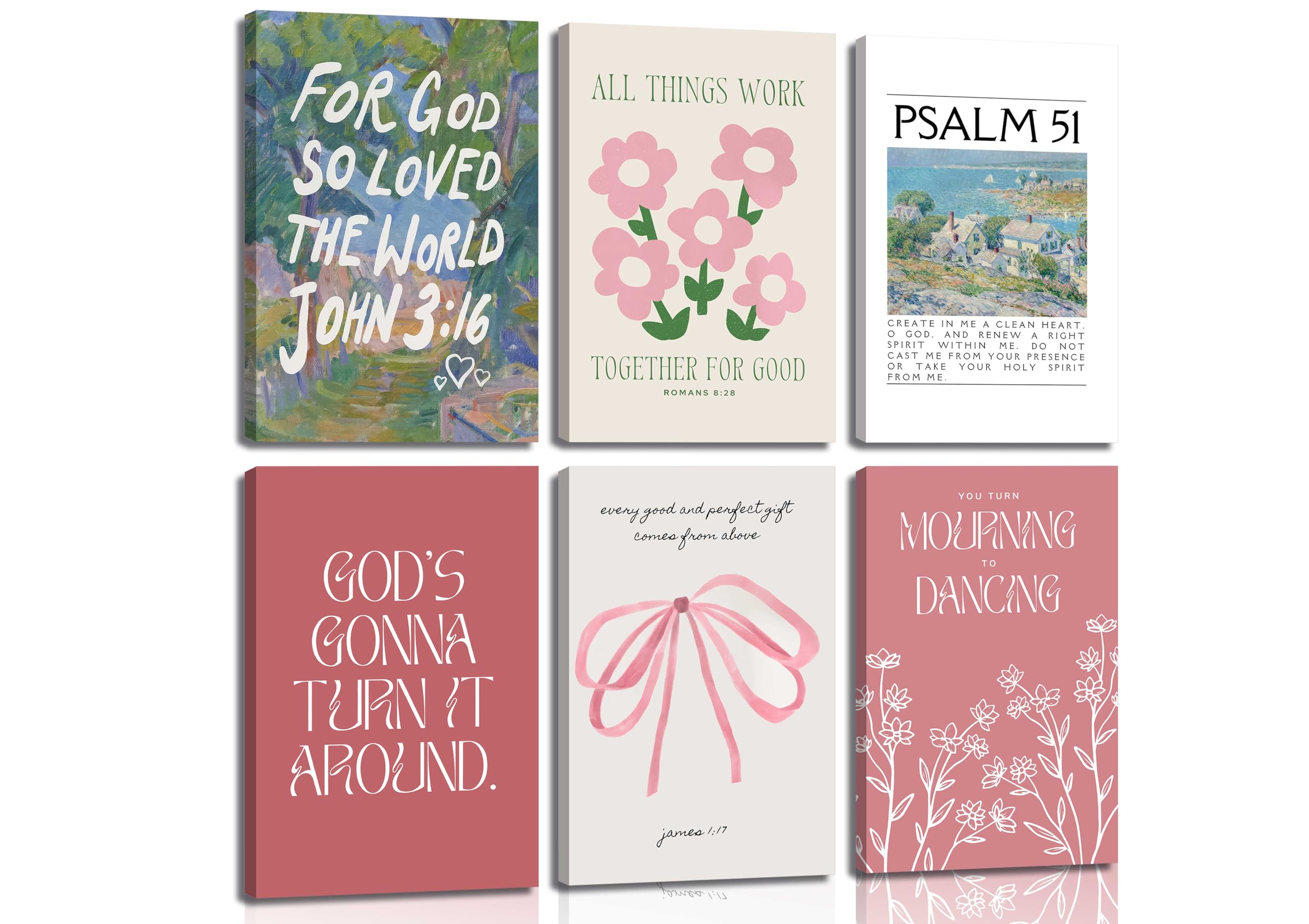 Wall Art Pink Bow Verse Canvas Paintings Decor 6Pcs