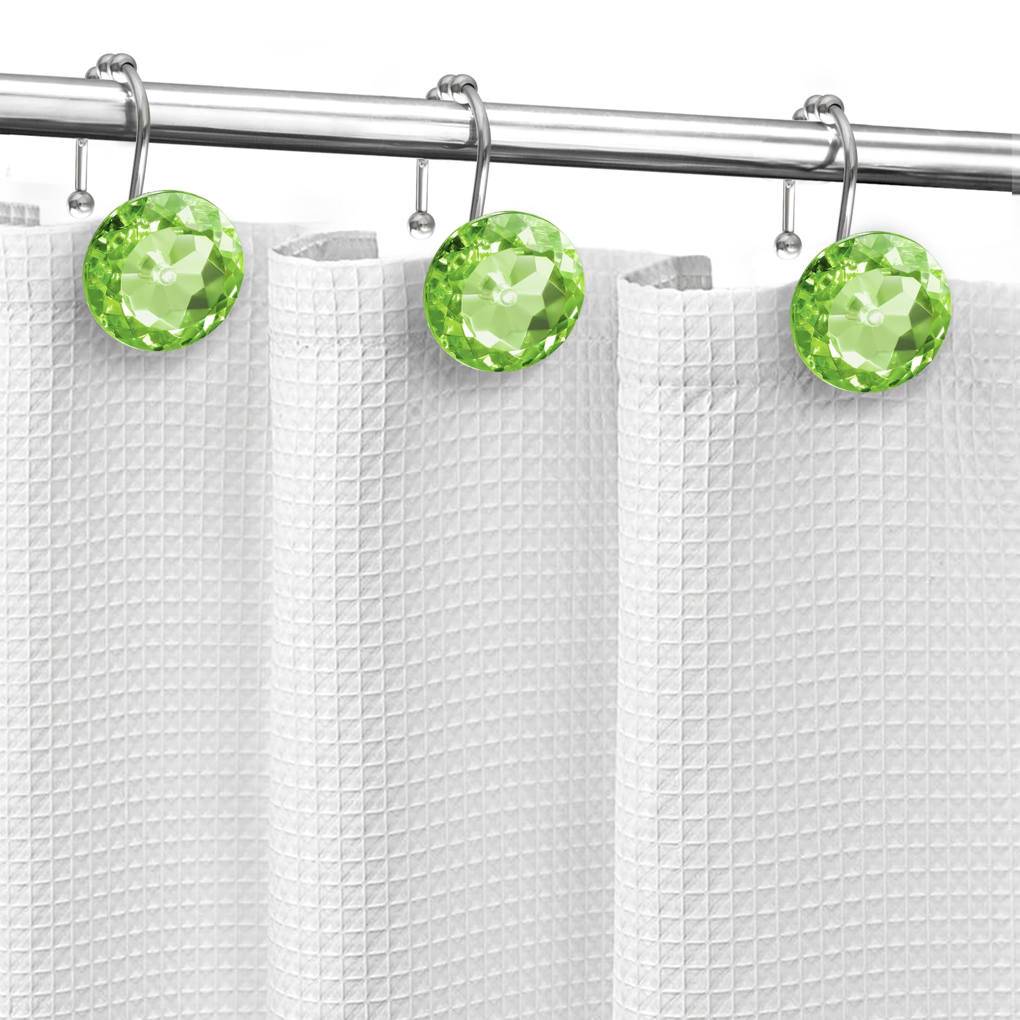 Luxury Design Round Diamond Crystal Gem Bling with Glide Balls Shower Curtain Hooks, Rust Proof Metal Rhinestones Glam Shower Curtain Rings-12 Pack