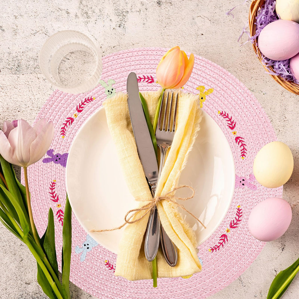 Whaline 4Pcs Round Placemats Pink Bow Embroidered Place Mats Coquette Bow Dinner Table Mats for Home Wedding Baby Shower Birthday Party Decor