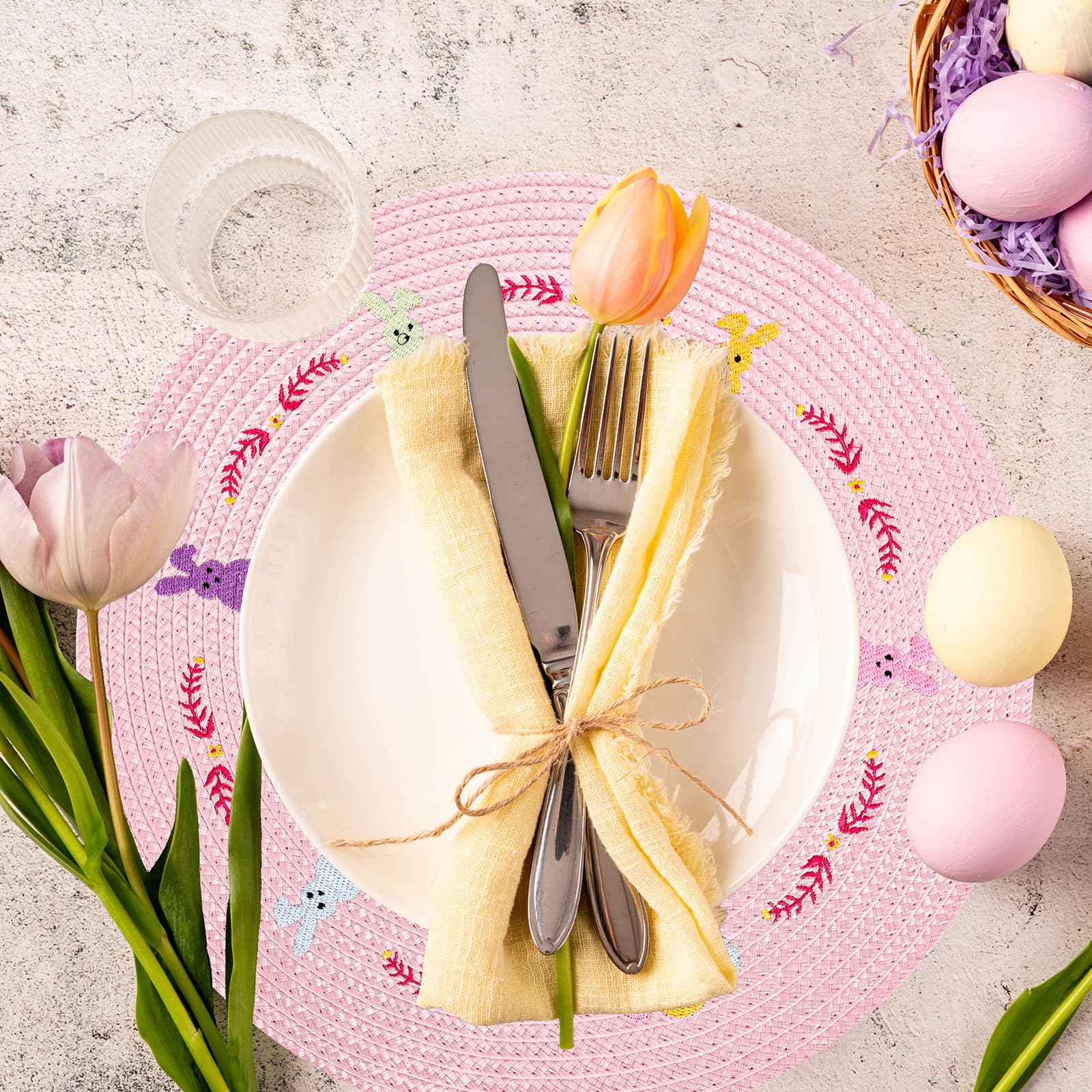 Whaline 4Pcs Round Placemats Pink Bow Embroidered Place Mats Coquette Bow Dinner Table Mats for Home Wedding Baby Shower Birthday Party Decor