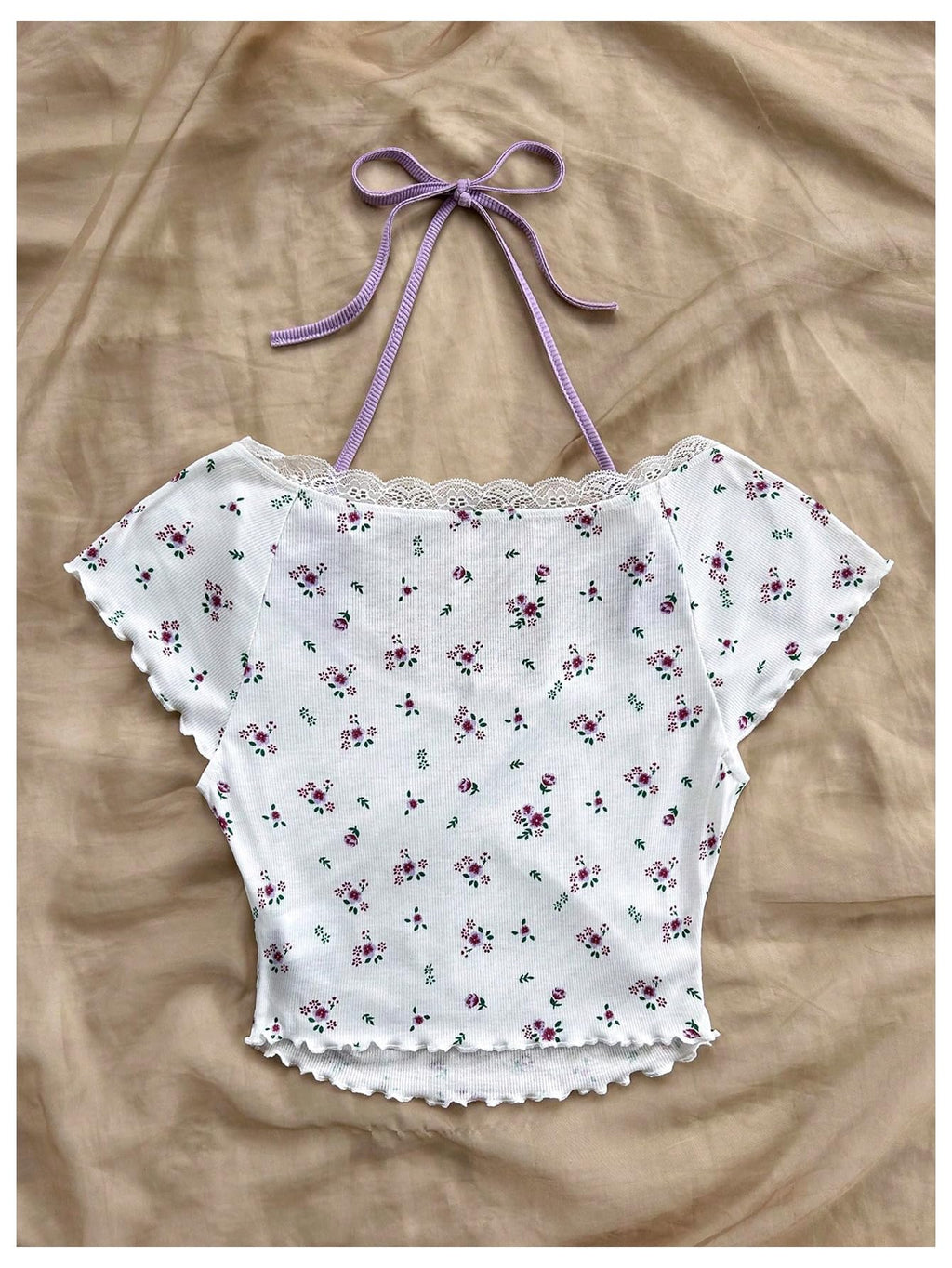 Women's Contrast Lace Halter Neck Lettuce Trim Casual Crop Tee Tops