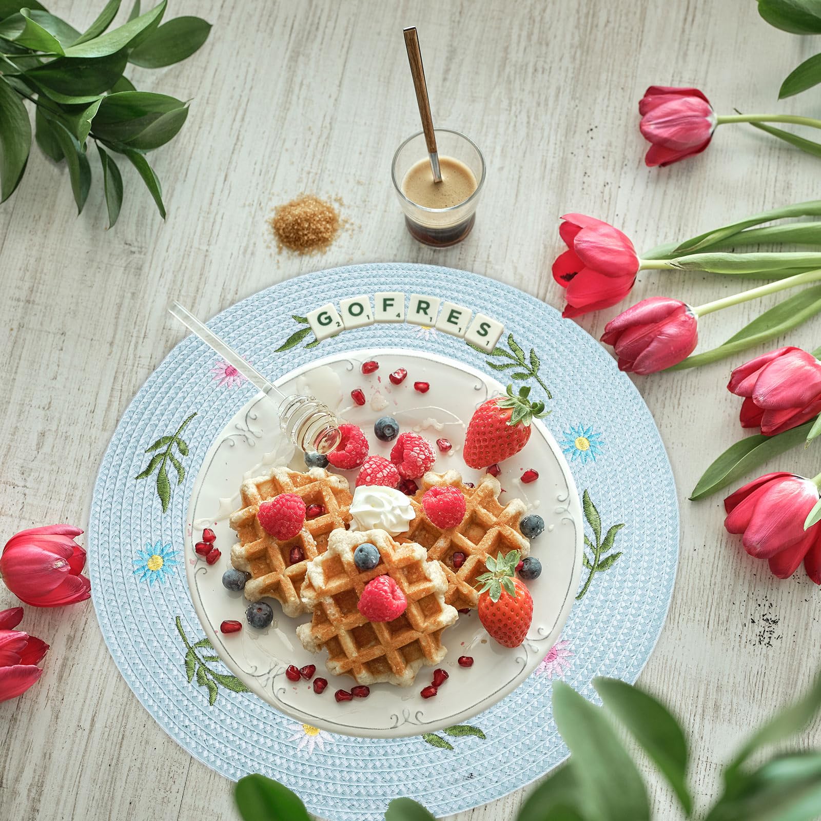 Whaline 4Pcs Round Placemats Pink Bow Embroidered Place Mats Coquette Bow Dinner Table Mats for Home Wedding Baby Shower Birthday Party Decor