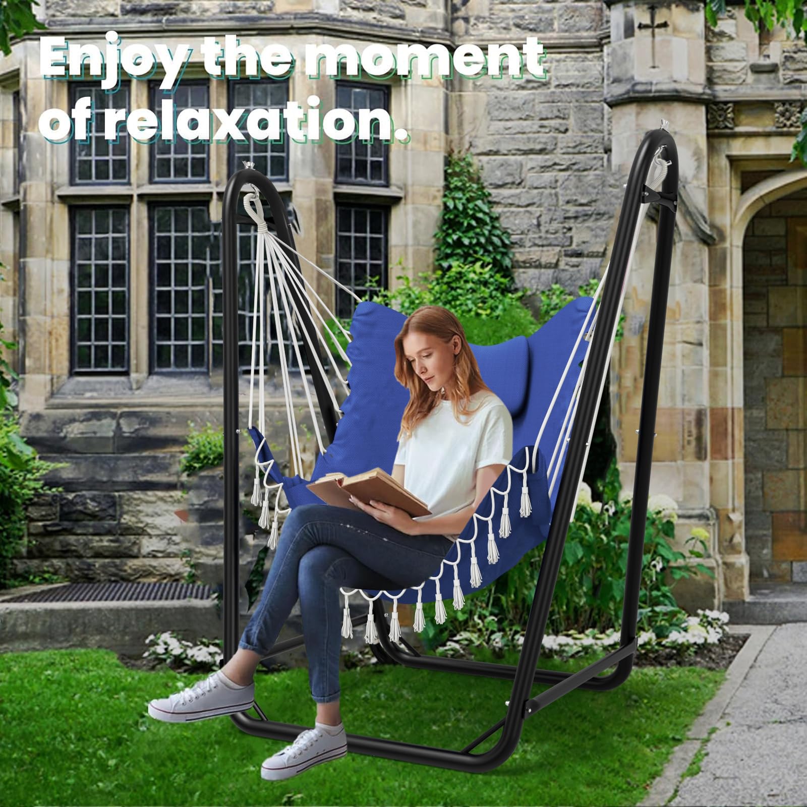 Hammock Chair with Stand,Heavy-Duty Hanging Chair with Stand for Indoor Outdoor, Sturdy Swing Chair Stand Max Load 350 pounds (Hammock Chair Included)
