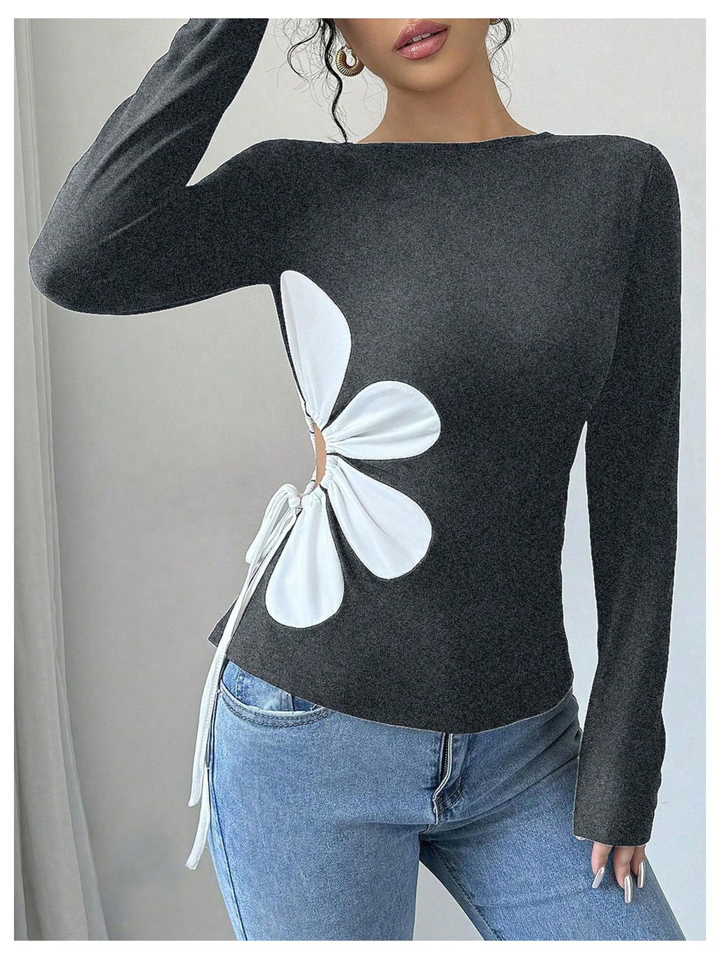 Women's Floral Pattern Hollow Out Tie Side T Shirts Crew Neck Long Sleeve Tee Tops
