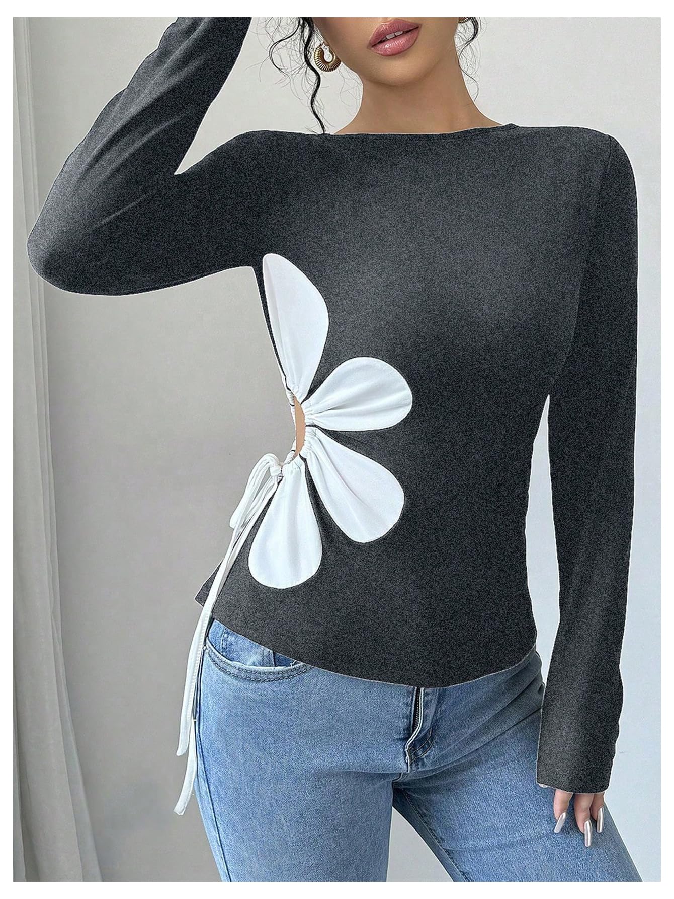 Women's Floral Pattern Hollow Out Tie Side T Shirts Crew Neck Long Sleeve Tee Tops