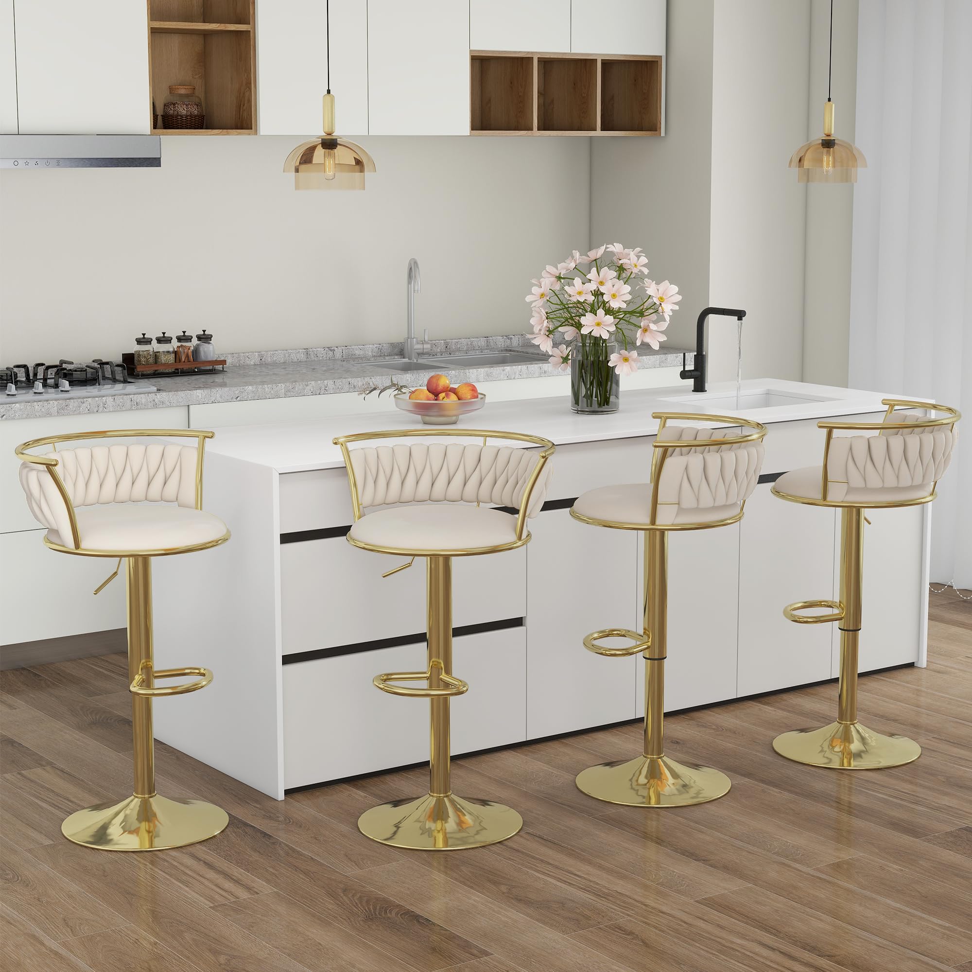 Velvet Swivel Bar Stools, Adjustable Counter Height Bar Chairs with Low Back & Footrest, Modern Gold Bar Stools for Kitchen Island, Bar Pub